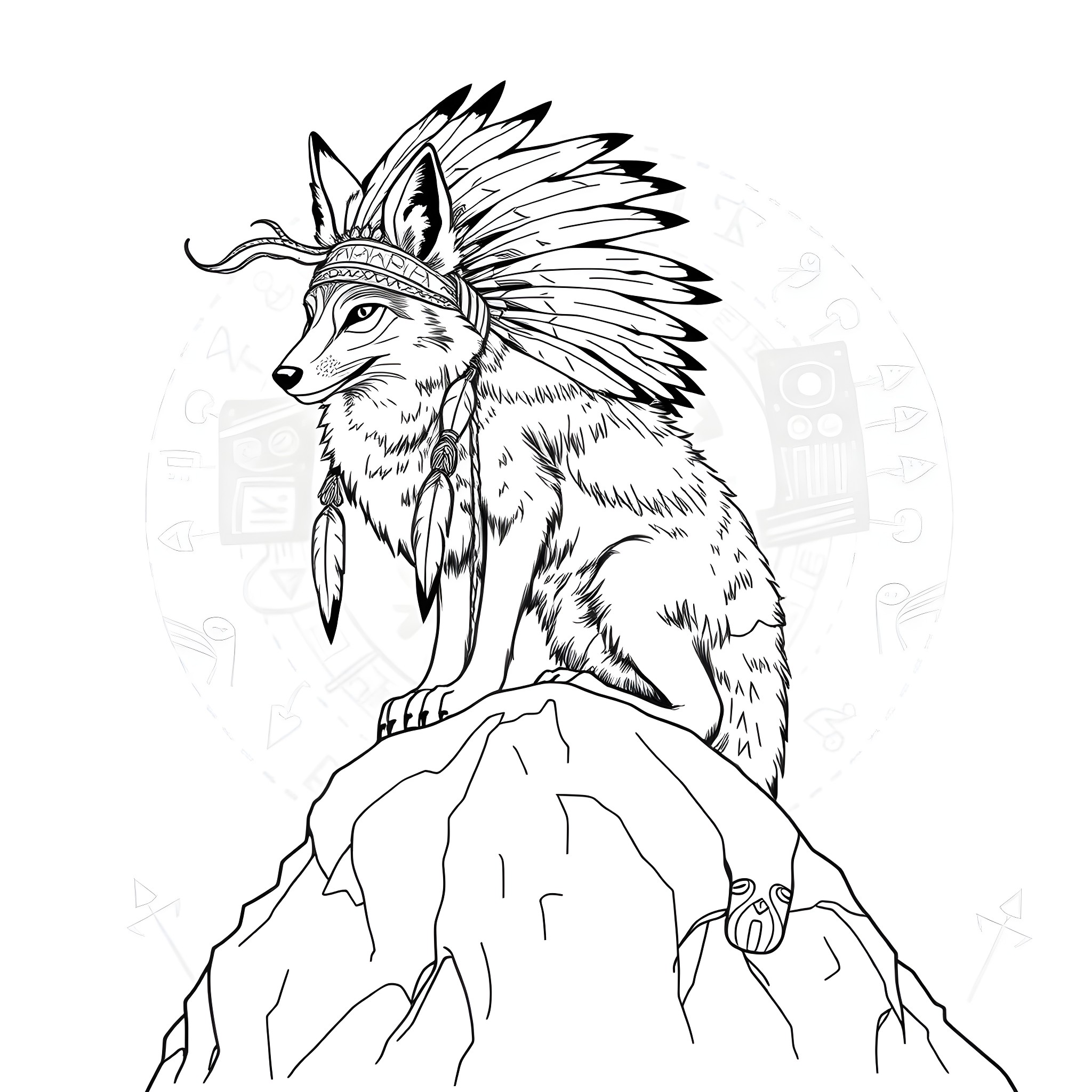 Coyote wearing a feathered headdress on a rocky cliff Coloring Page (free black-and-white line drawing printable PDF for all, from beginners to advanced learners, including children, teens, adults, and seniors)