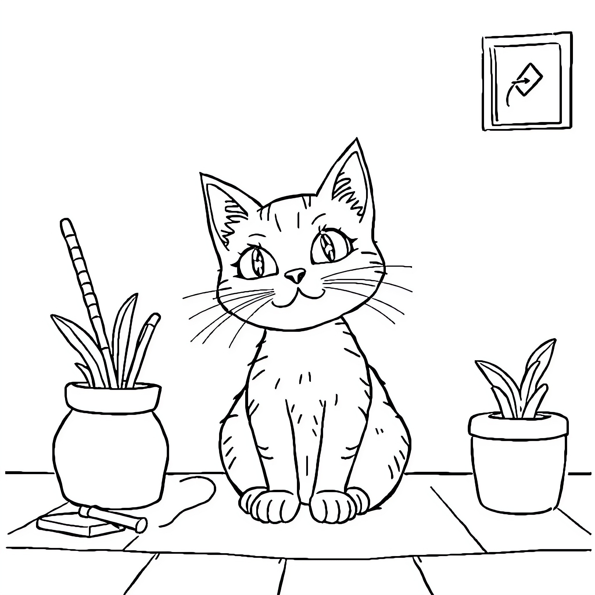Gato enjoying a cozy indoor setting Coloring Page (free black-and-white line drawing printable PDF for all, from beginners to advanced learners, including children, teens, adults, and seniors)