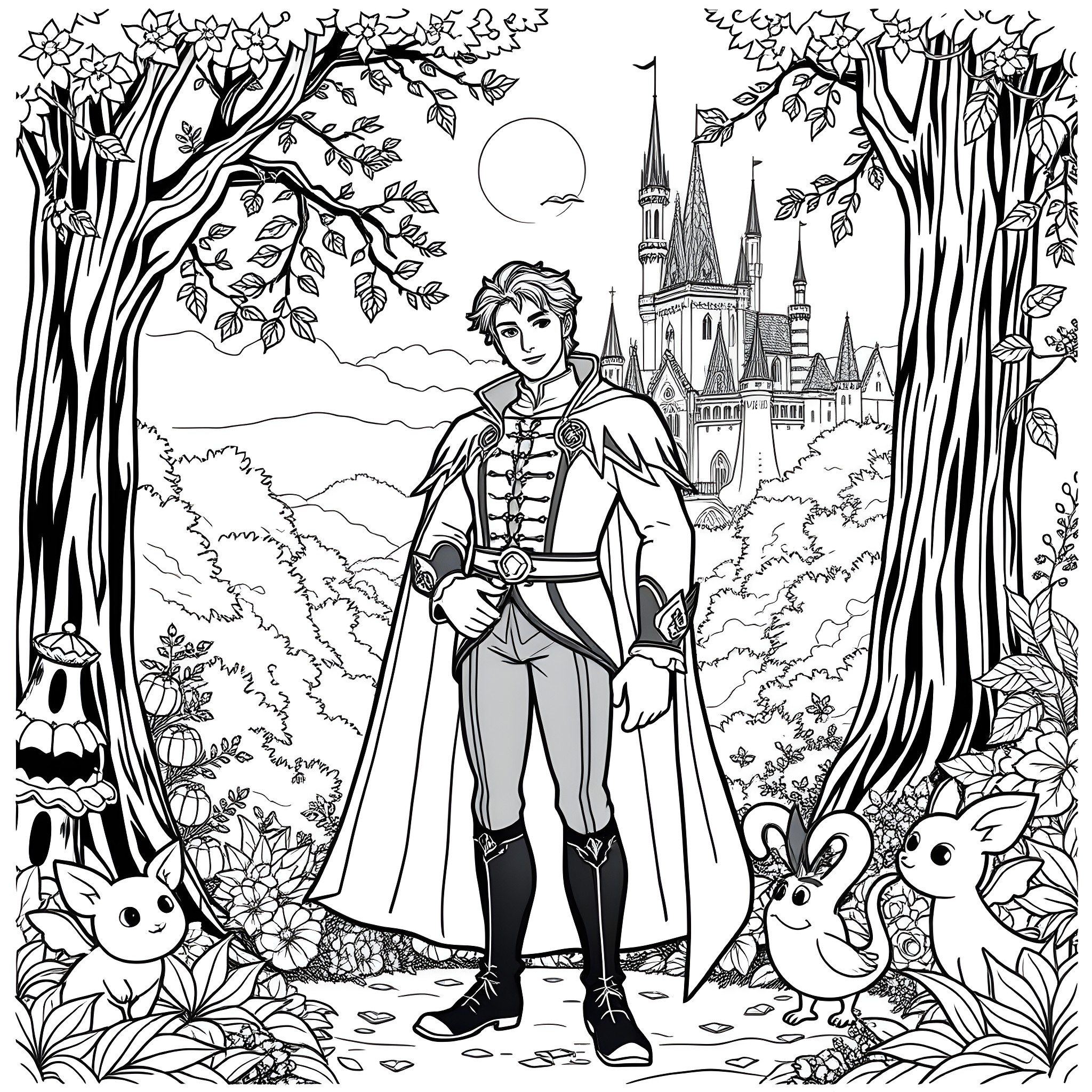 Prince in a Fairy Tale Forest Coloring Page (free black-and-white line drawing printable PDF for all, from beginners to advanced learners, including children, teens, adults, and seniors)