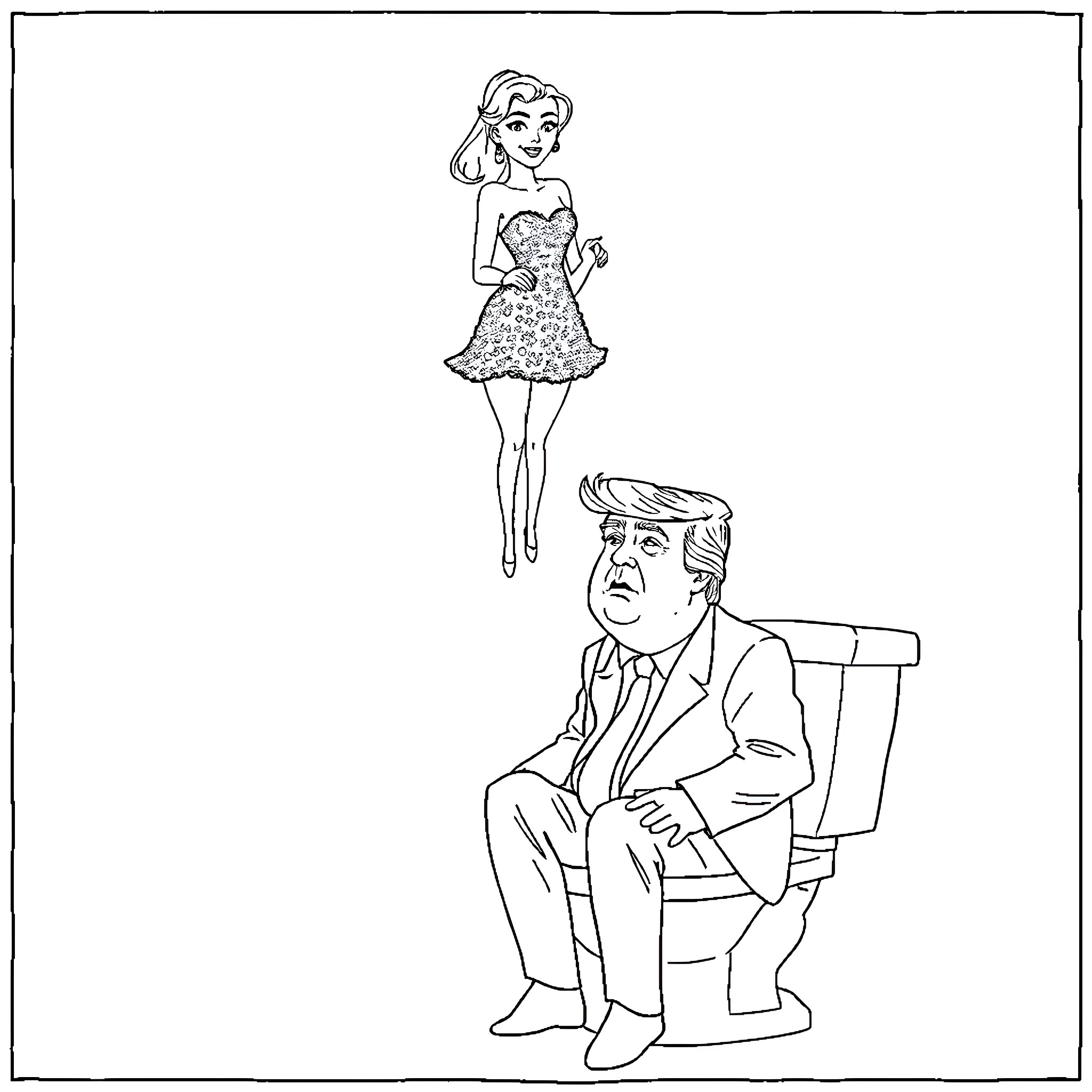 Donald Trump's Unusual Encounter with a Cartoon Girl Coloring Page (free black-and-white line drawing printable PDF for all, from beginners to advanced learners, including children, teens, adults, and seniors)