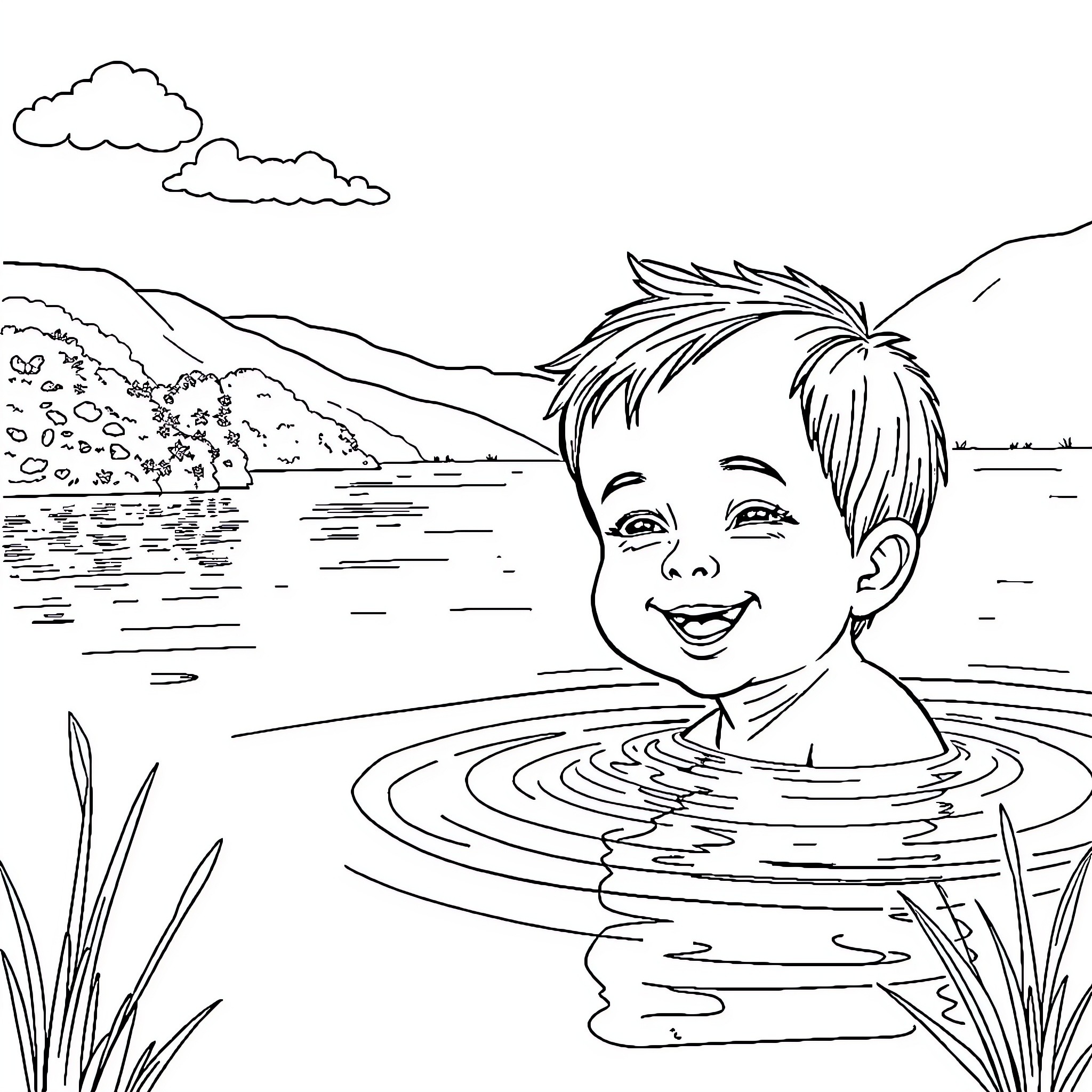 Bambino swimming happily in the lake Coloring Page (free black-and-white line drawing printable PDF for all, from beginners to advanced learners, including children, teens, adults, and seniors)