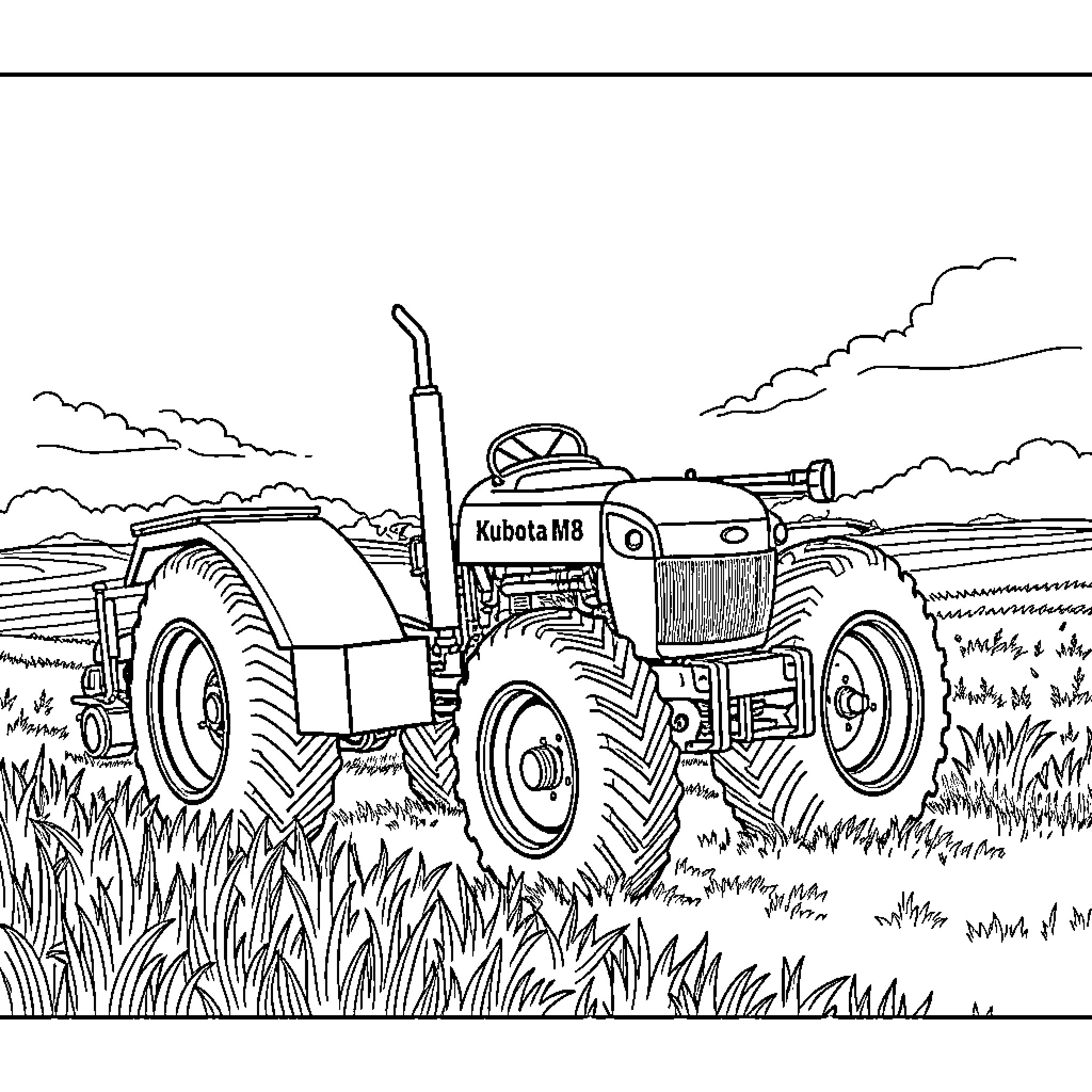 Kubota M8 driving through a grassy field Coloring Page (free black-and-white line drawing printable PDF for all, from beginners to advanced learners, including children, teens, adults, and seniors)