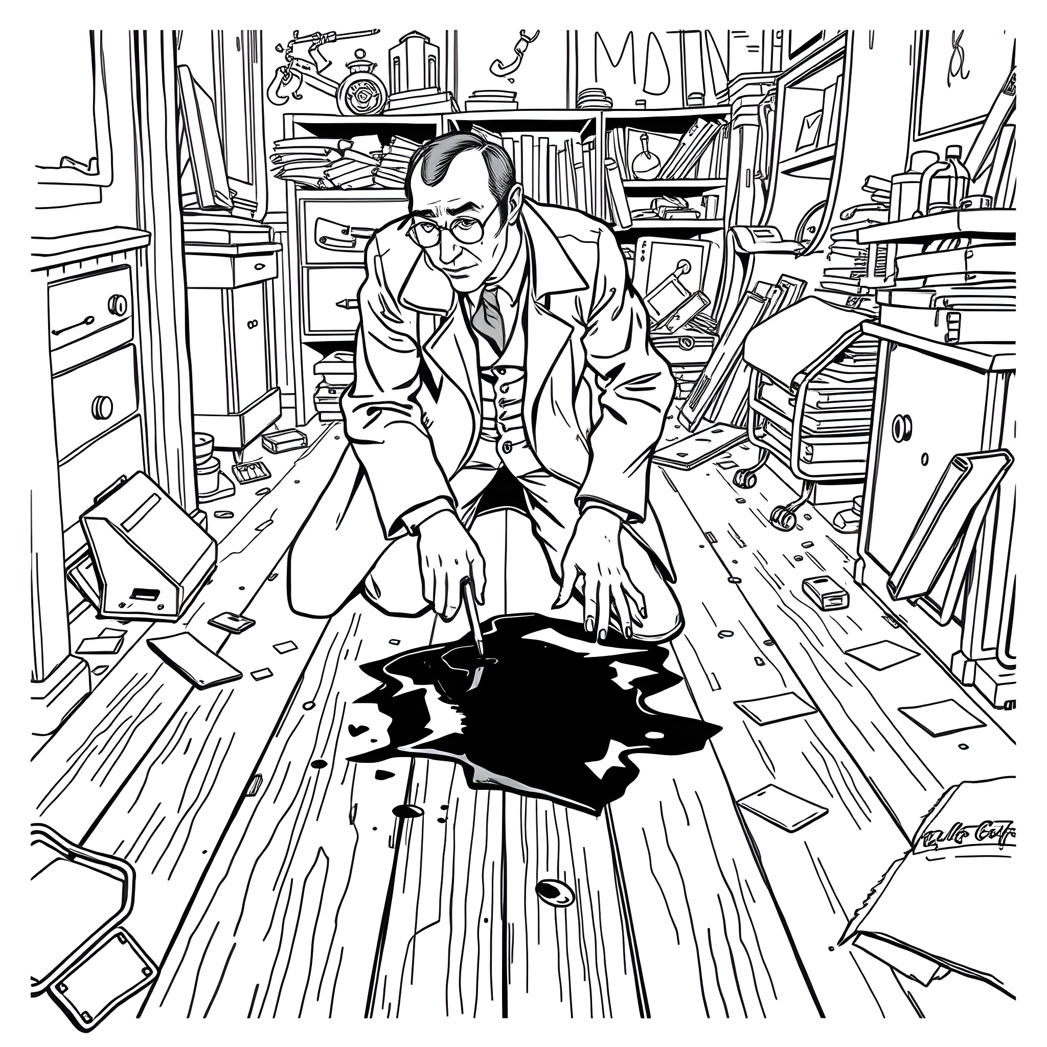 Sherlock Holmes in a Cluttered Study Coloring Page (free black-and-white line drawing printable PDF for all, from beginners to advanced learners, including children, teens, adults, and seniors)
