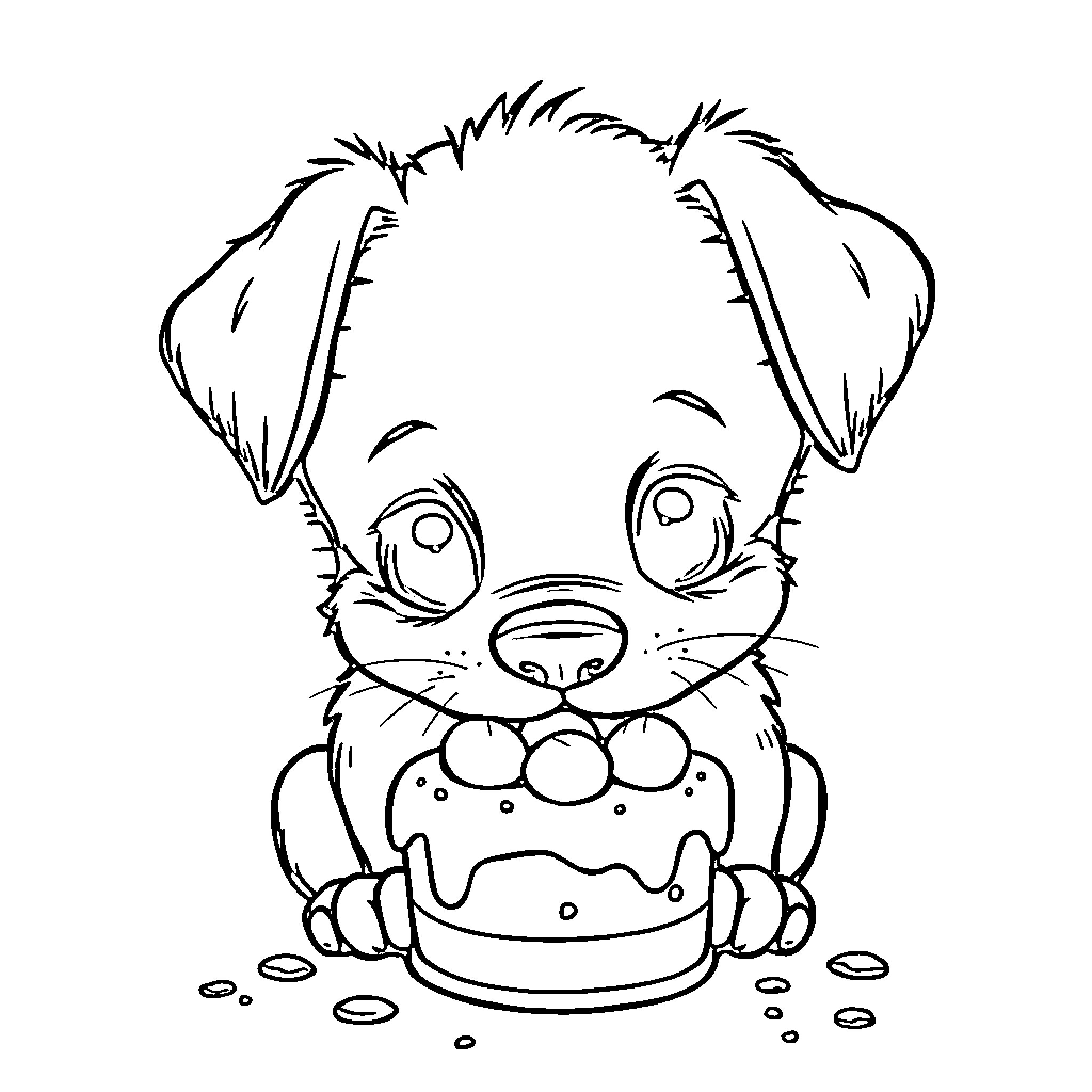 Puppy eating delicious birthday cake Coloring Page (free black-and-white line drawing printable PDF for all, from beginners to advanced learners, including children, teens, adults, and seniors)