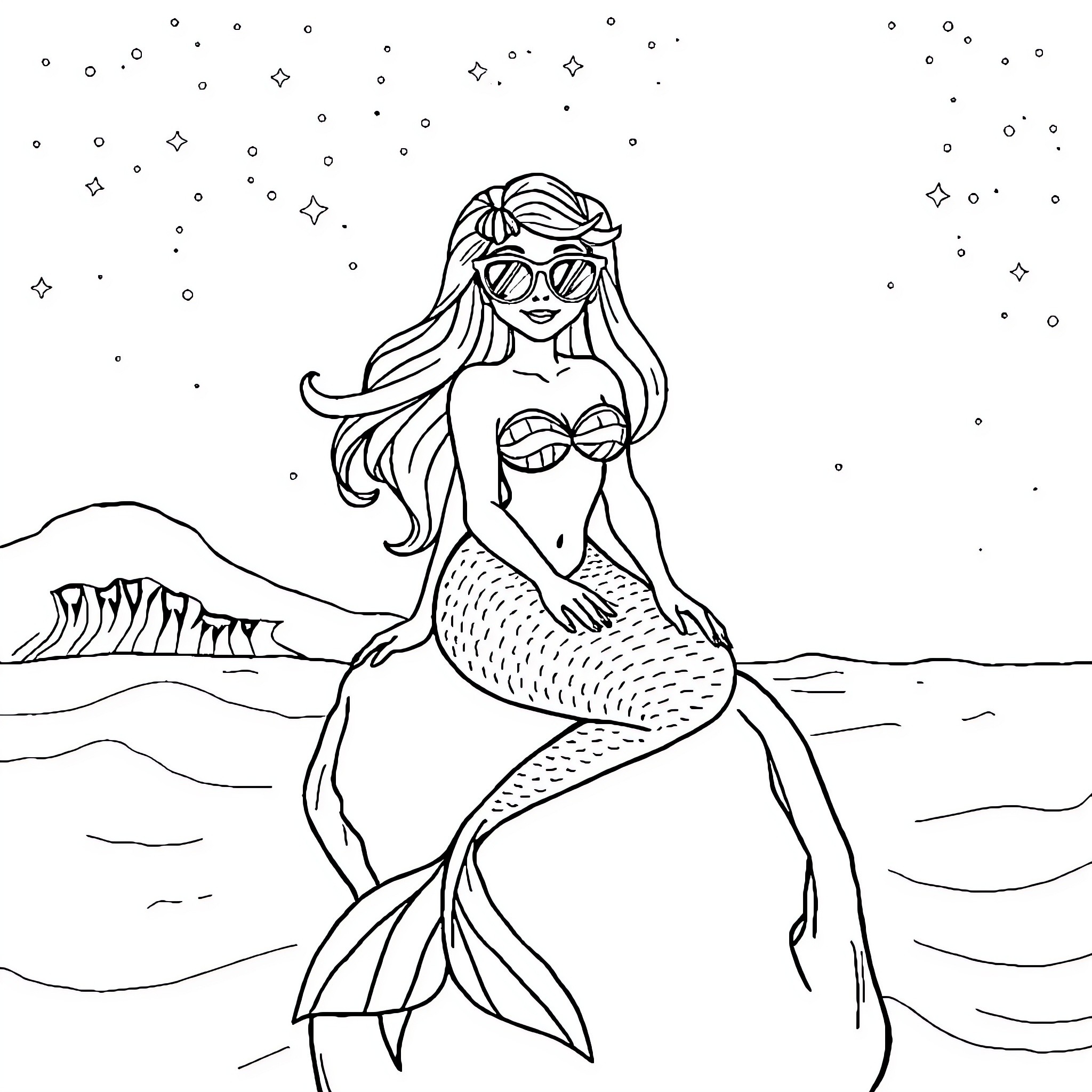 Mermaid gazing at the starry night sky Coloring Page (free black-and-white line drawing printable PDF for all, from beginners to advanced learners, including children, teens, adults, and seniors)