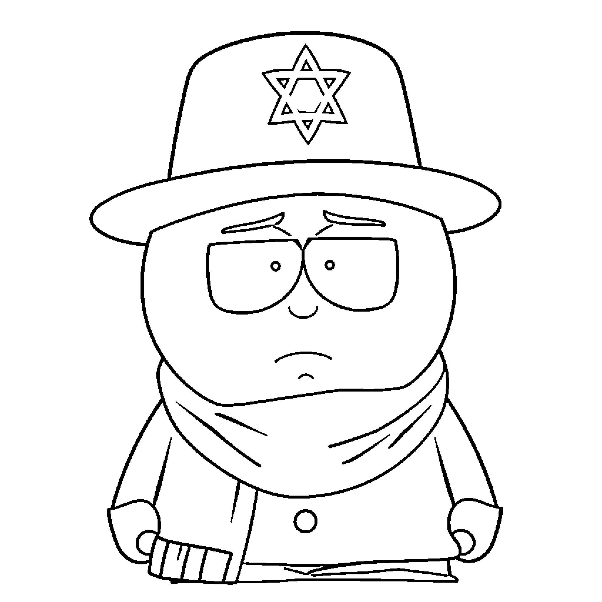 Cartman in winter clothing with Star of David hat Coloring Page (free black-and-white line drawing printable PDF for all, from beginners to advanced learners, including children, teens, adults, and seniors)