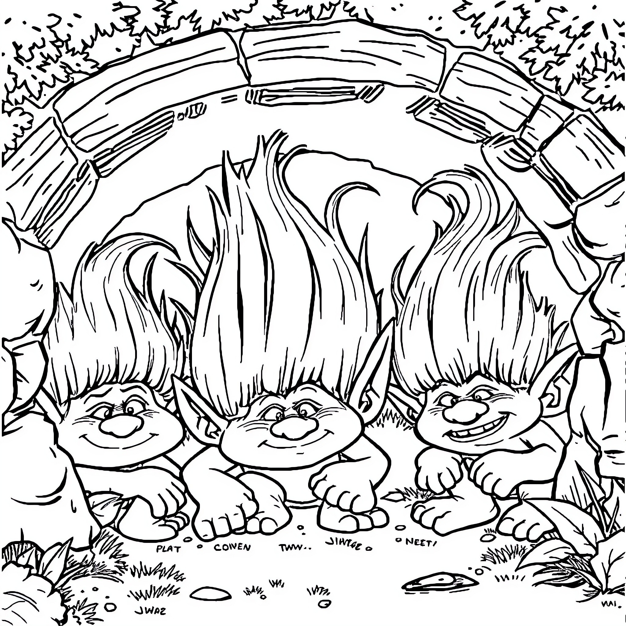 Troll Characters in a Whimsical Forest Scene Coloring Page (free black-and-white line drawing printable PDF for all, from beginners to advanced learners, including children, teens, adults, and seniors)