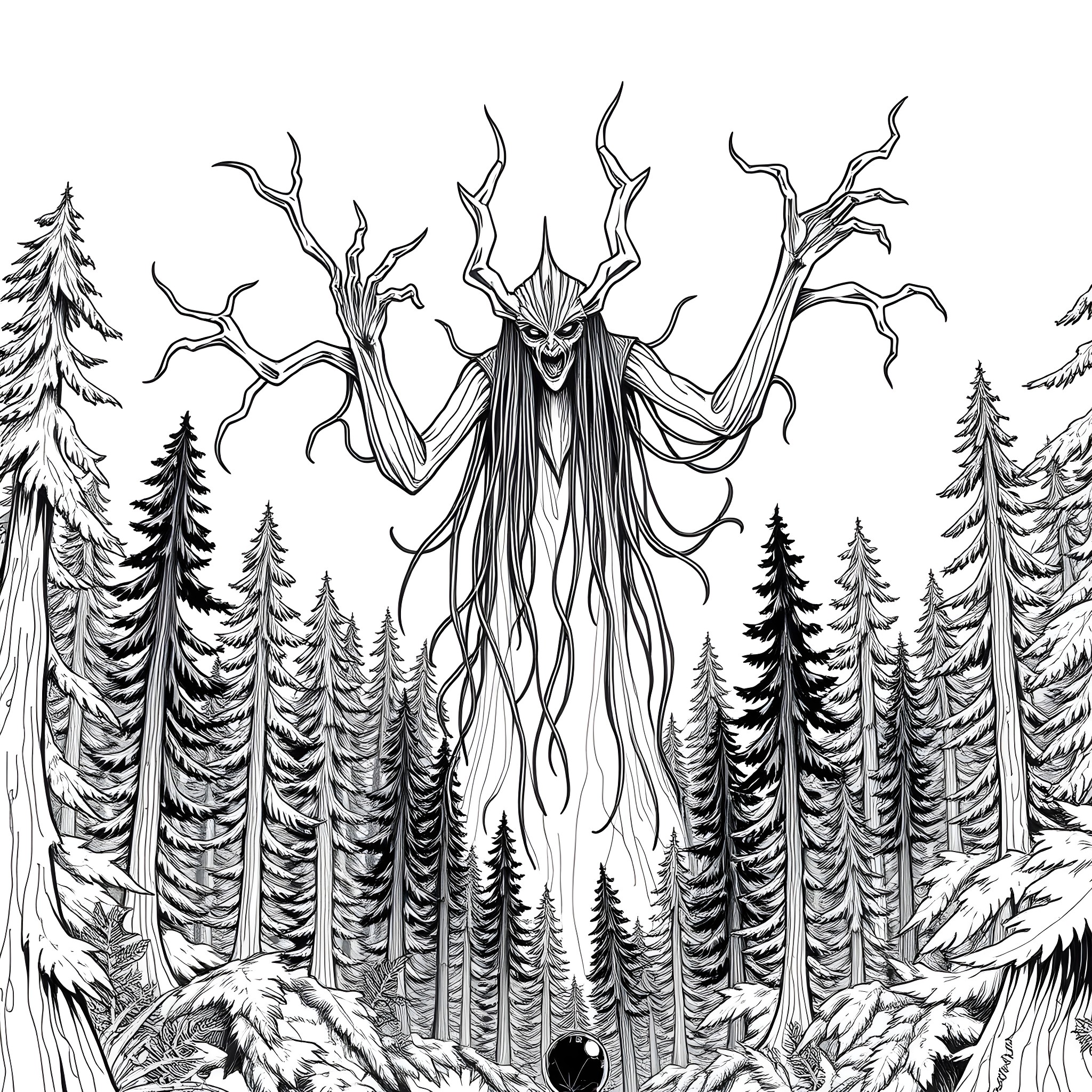 Siren Head stalking through the eerie forest Coloring Page (free black-and-white line drawing printable PDF for all, from beginners to advanced learners, including children, teens, adults, and seniors)