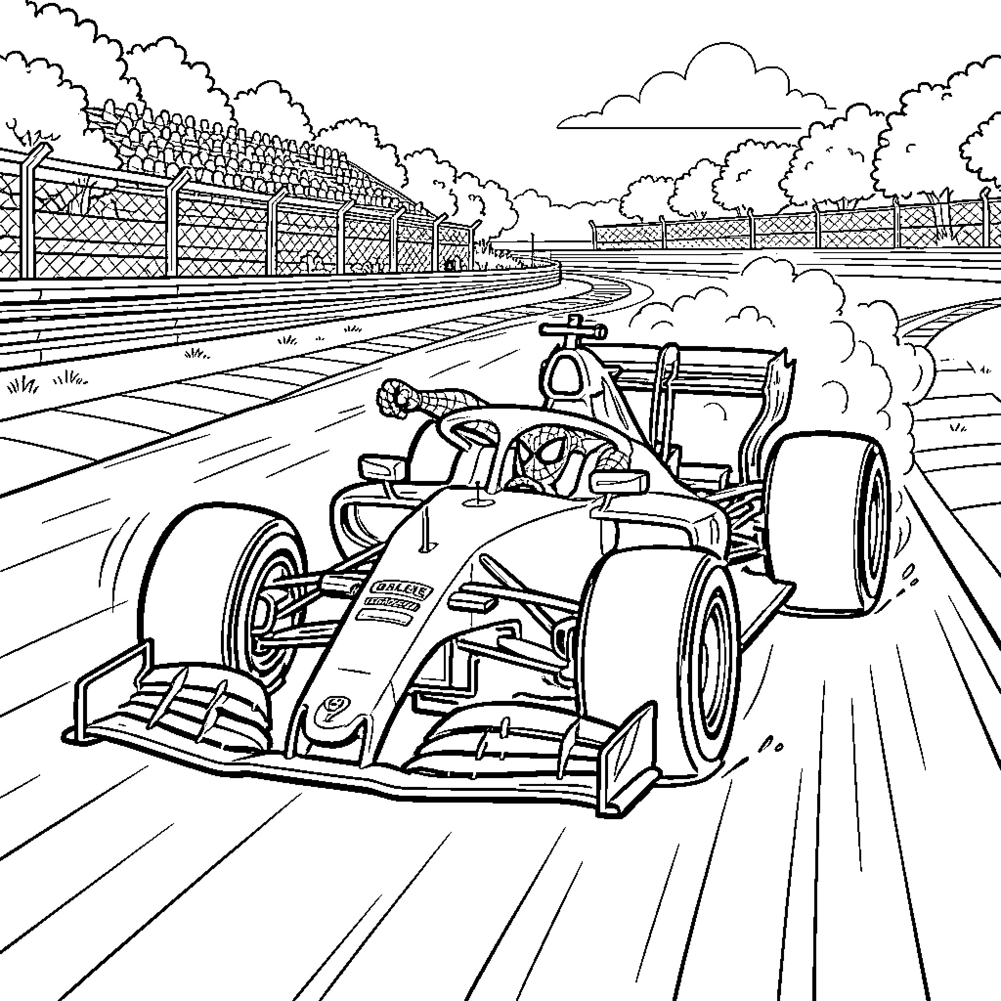 Spiderman racing on high-speed Formula 1 track Coloring Page (free black-and-white line drawing printable PDF for all, from beginners to advanced learners, including children, teens, adults, and seniors)