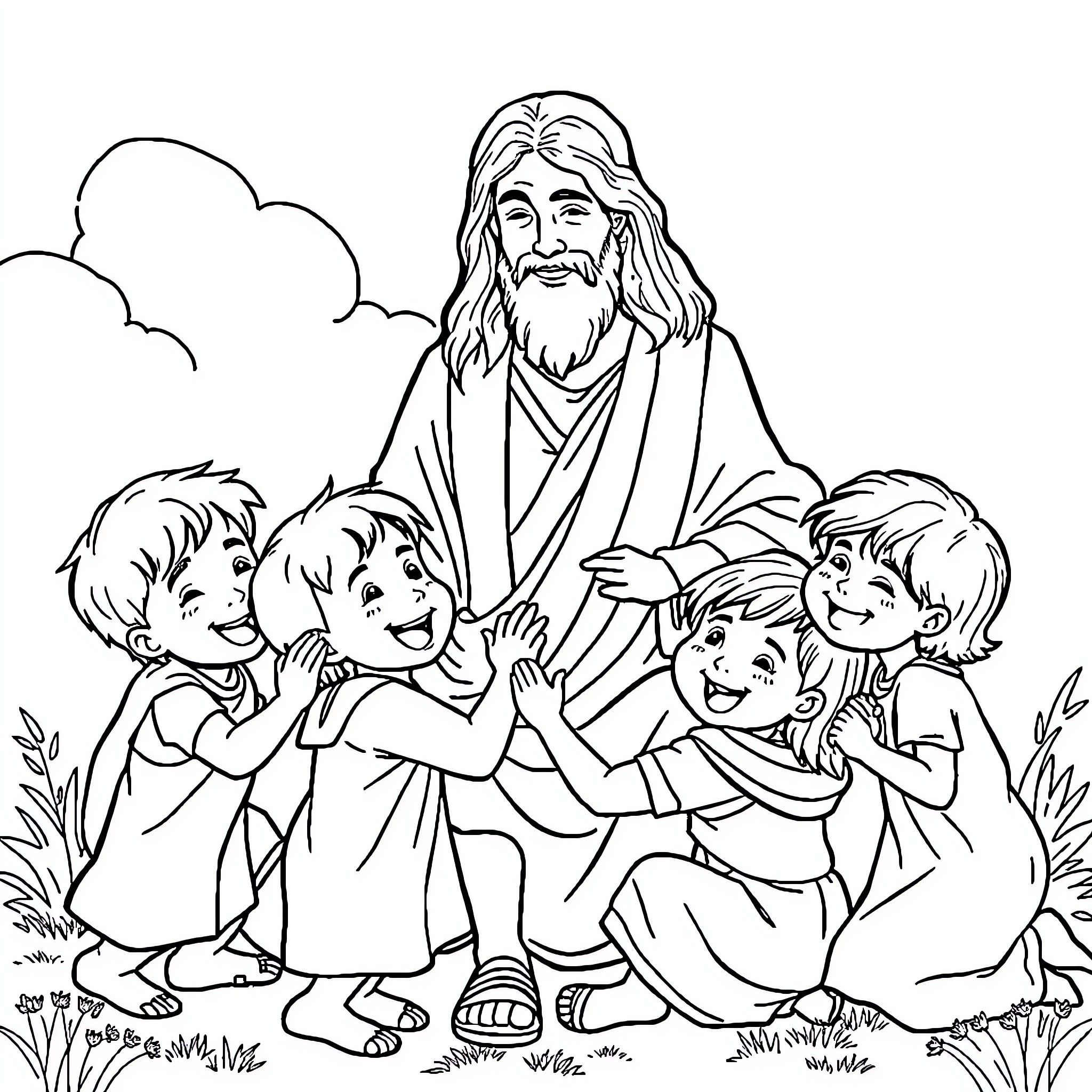 Child enjoying time with kind teacher in nature Coloring Page (free black-and-white line drawing printable PDF for all, from beginners to advanced learners, including children, teens, adults, and seniors)