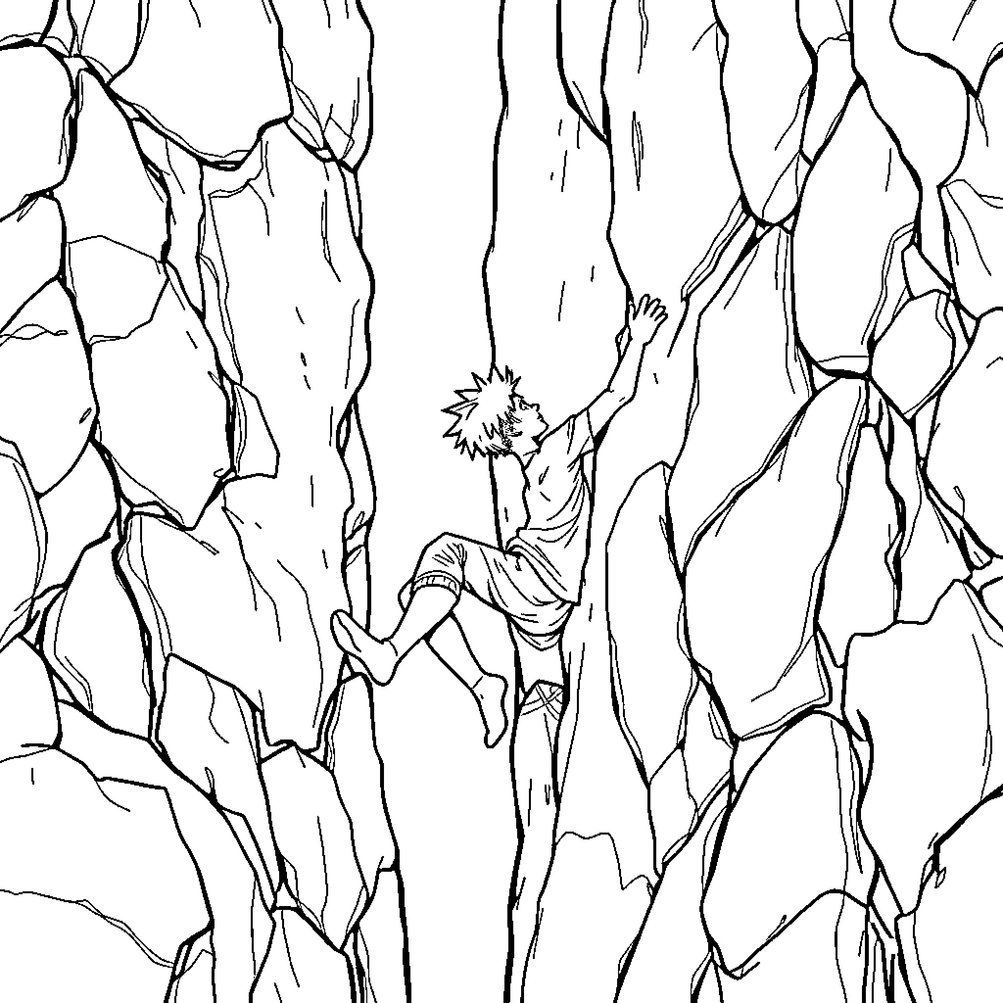 Boy climbing through rocky terrain Coloring Page (free black-and-white line drawing printable PDF for all, from beginners to advanced learners, including children, teens, adults, and seniors)