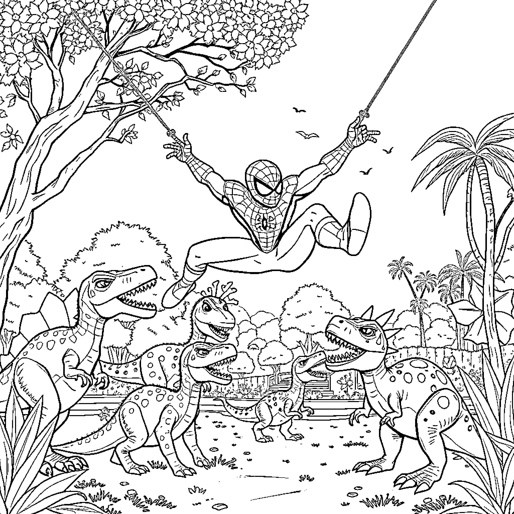 Spider-Man swinging through the jungle with dinosaurs Coloring Page (free black-and-white line drawing printable PDF for all, from beginners to advanced learners, including children, teens, adults, and seniors)