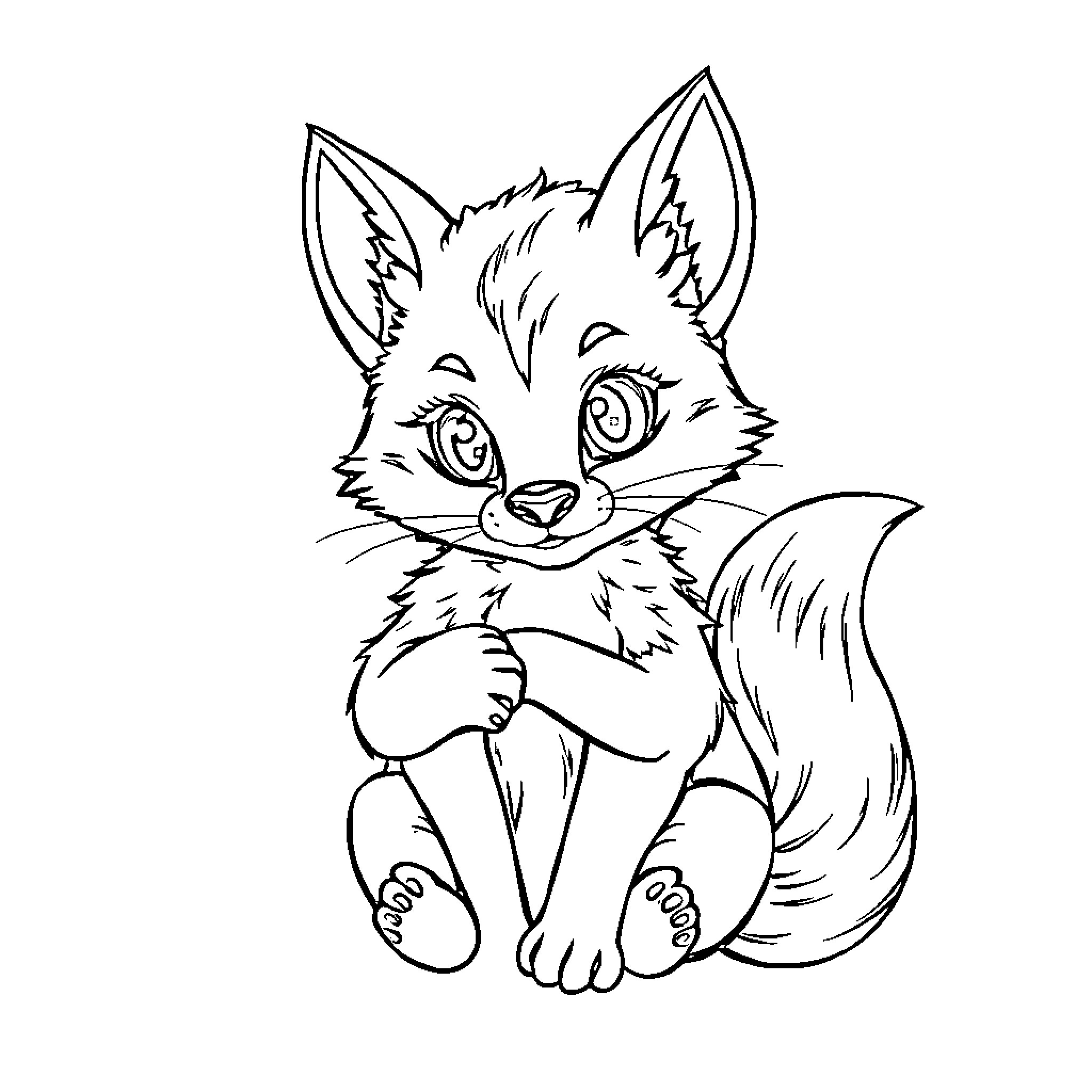 Fox smiling and sitting on the ground Coloring Page (free black-and-white line drawing printable PDF for all, from beginners to advanced learners, including children, teens, adults, and seniors)