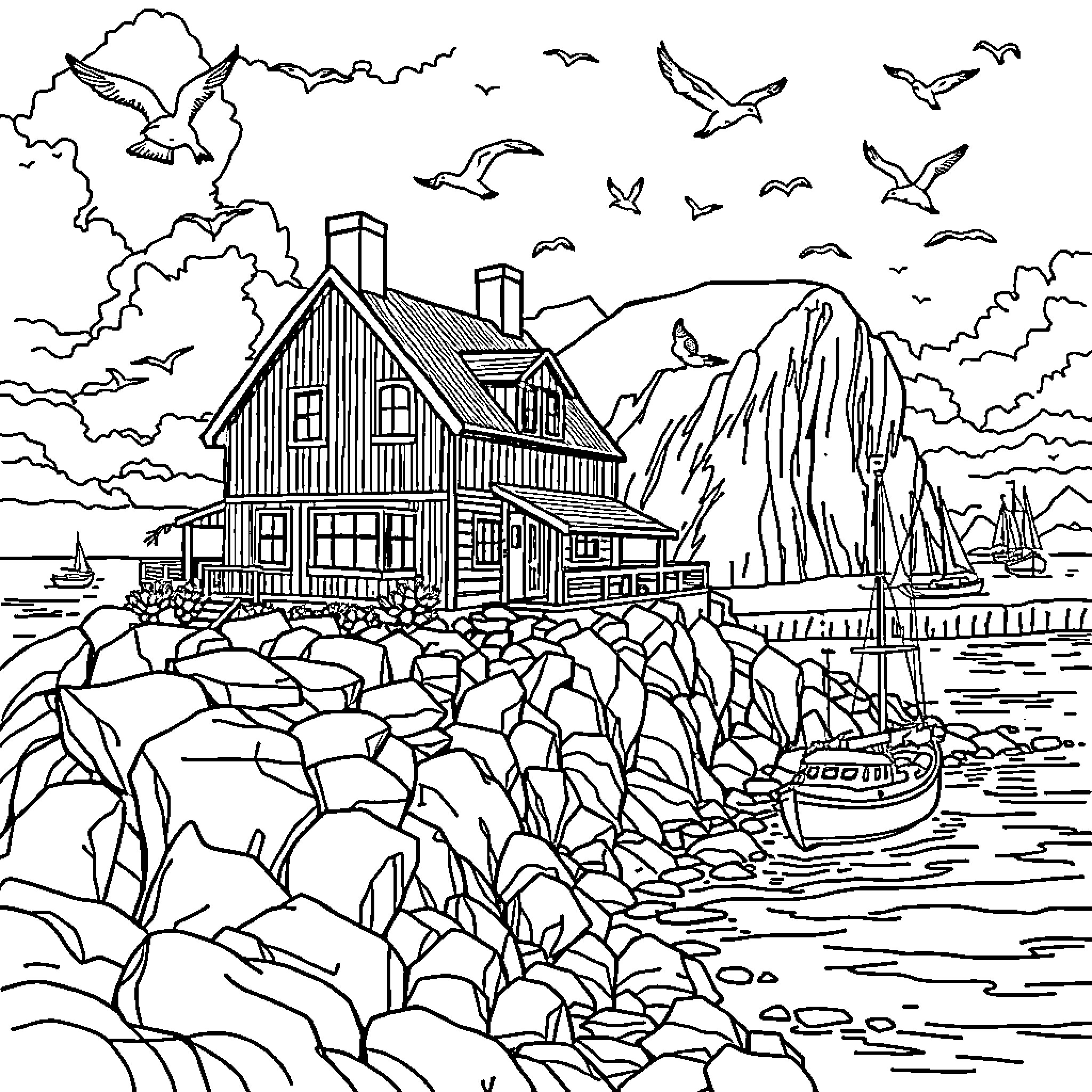 House overlooking scenic coastal landscape with seagulls Coloring Page (free black-and-white line drawing printable PDF for all, from beginners to advanced learners, including children, teens, adults, and seniors)