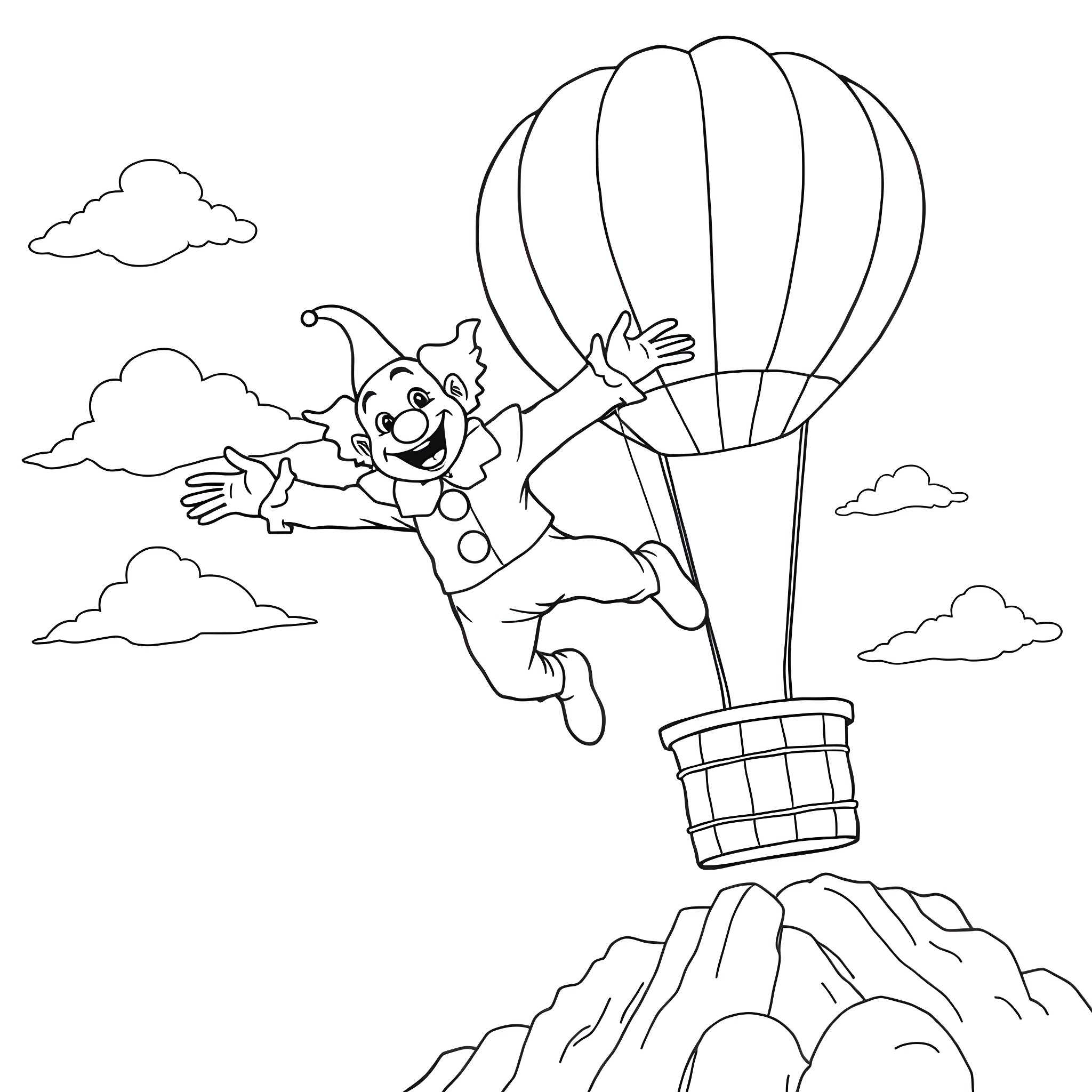 Clown floating in hot air balloon over the mountains Coloring Page (free black-and-white line drawing printable PDF for all, from beginners to advanced learners, including children, teens, adults, and seniors)