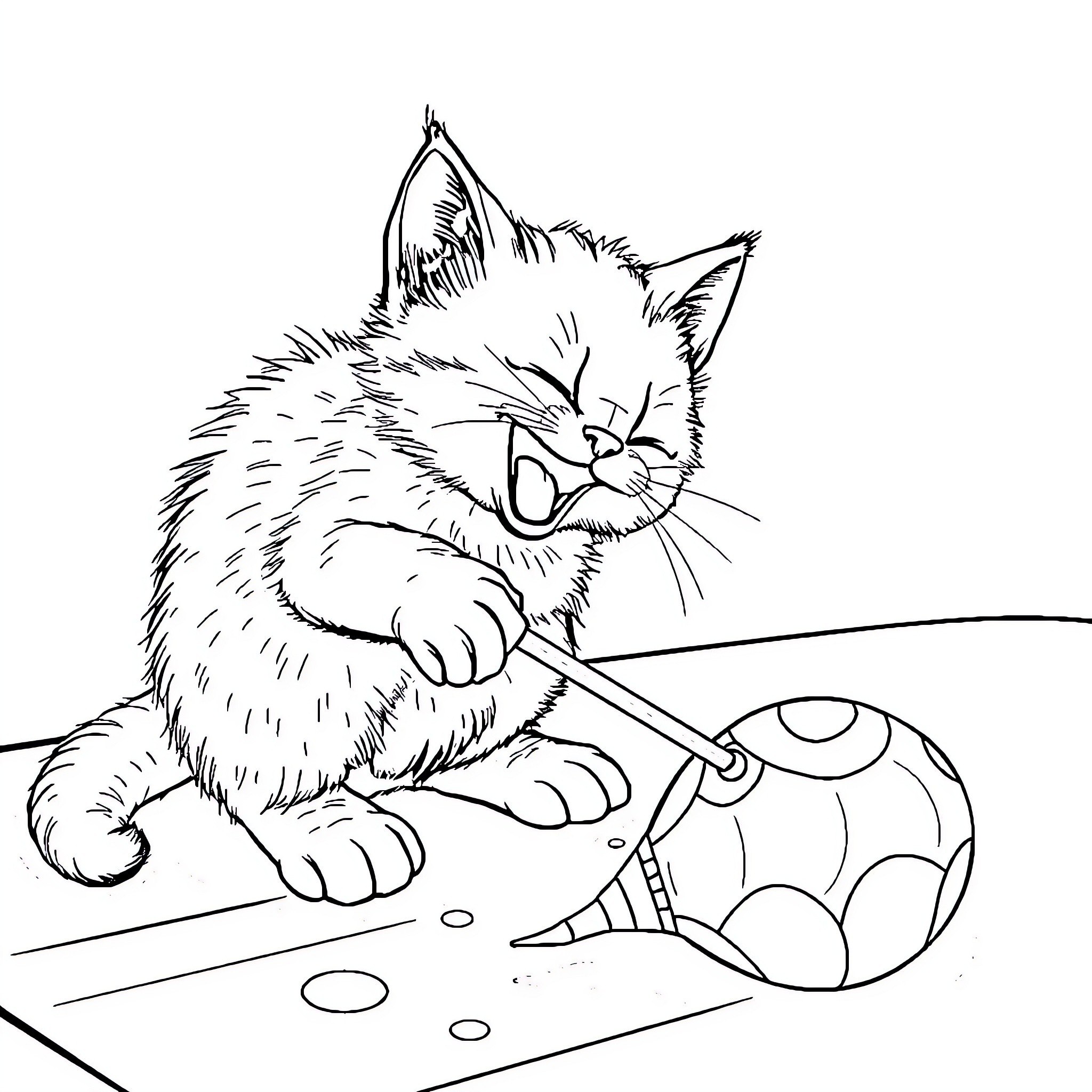 Cat playing with toy ball Coloring Page (free black-and-white line drawing printable PDF for all, from beginners to advanced learners, including children, teens, adults, and seniors)