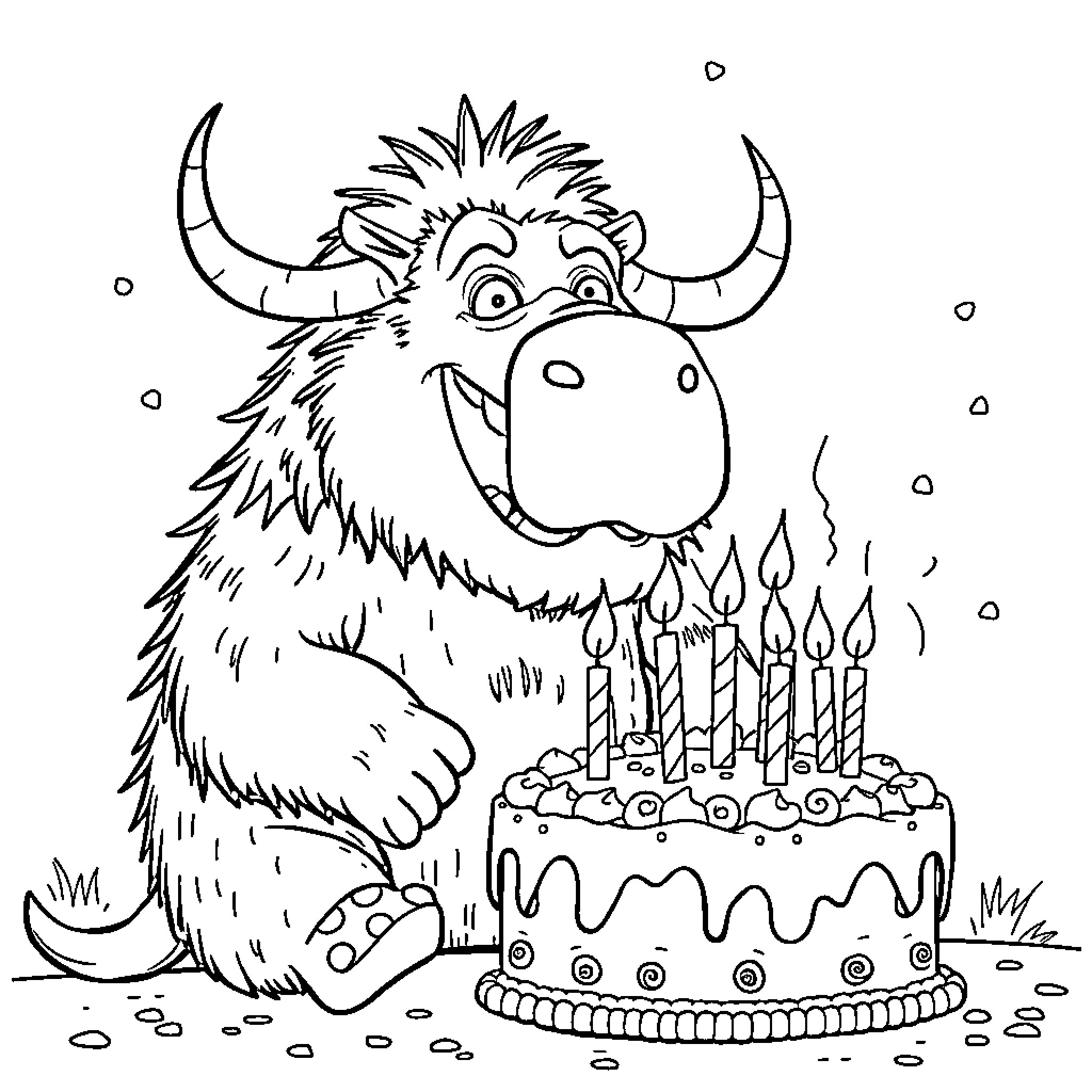 Gruffalo celebrating with birthday cake and candles Coloring Page (free black-and-white line drawing printable PDF for all, from beginners to advanced learners, including children, teens, adults, and seniors)