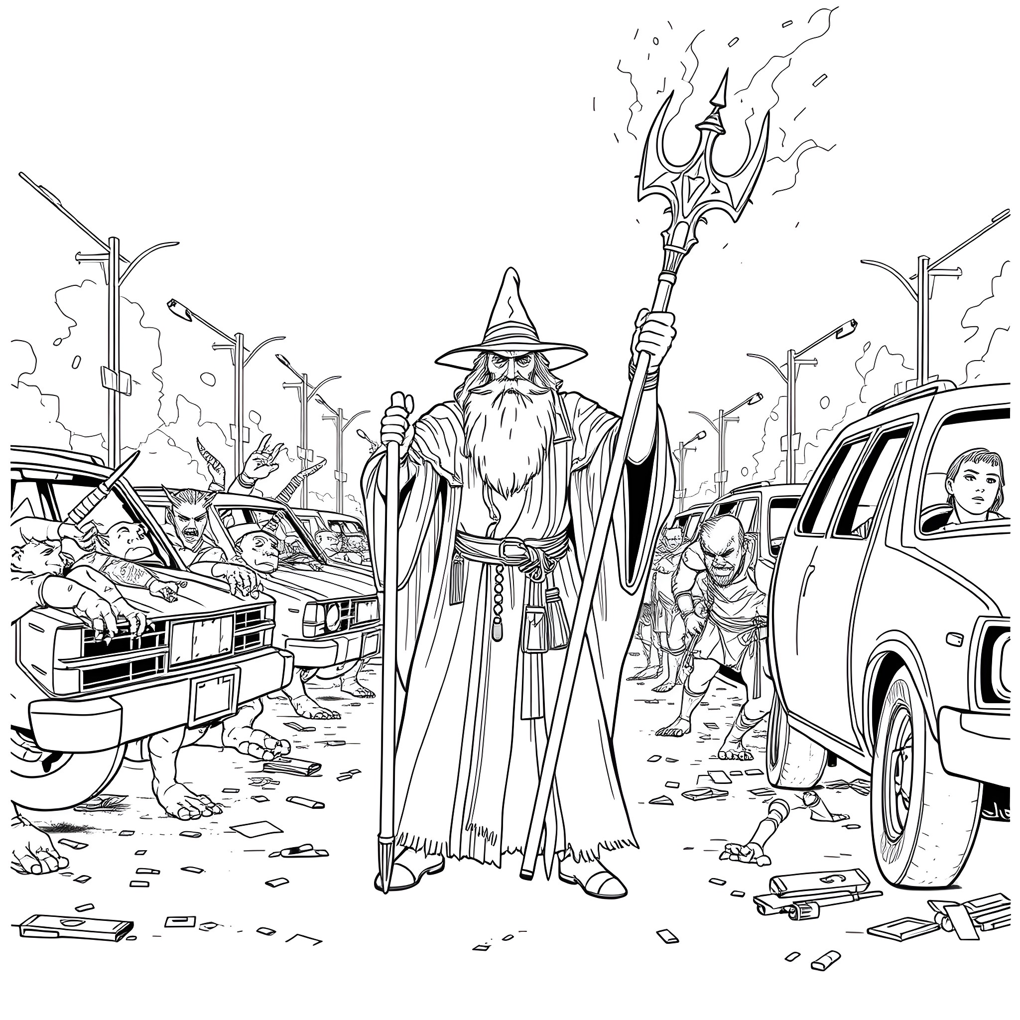 Gandalf leading a group through a post-apocalyptic landscape Coloring Page (free black-and-white line drawing printable PDF for all, from beginners to advanced learners, including children, teens, adults, and seniors)