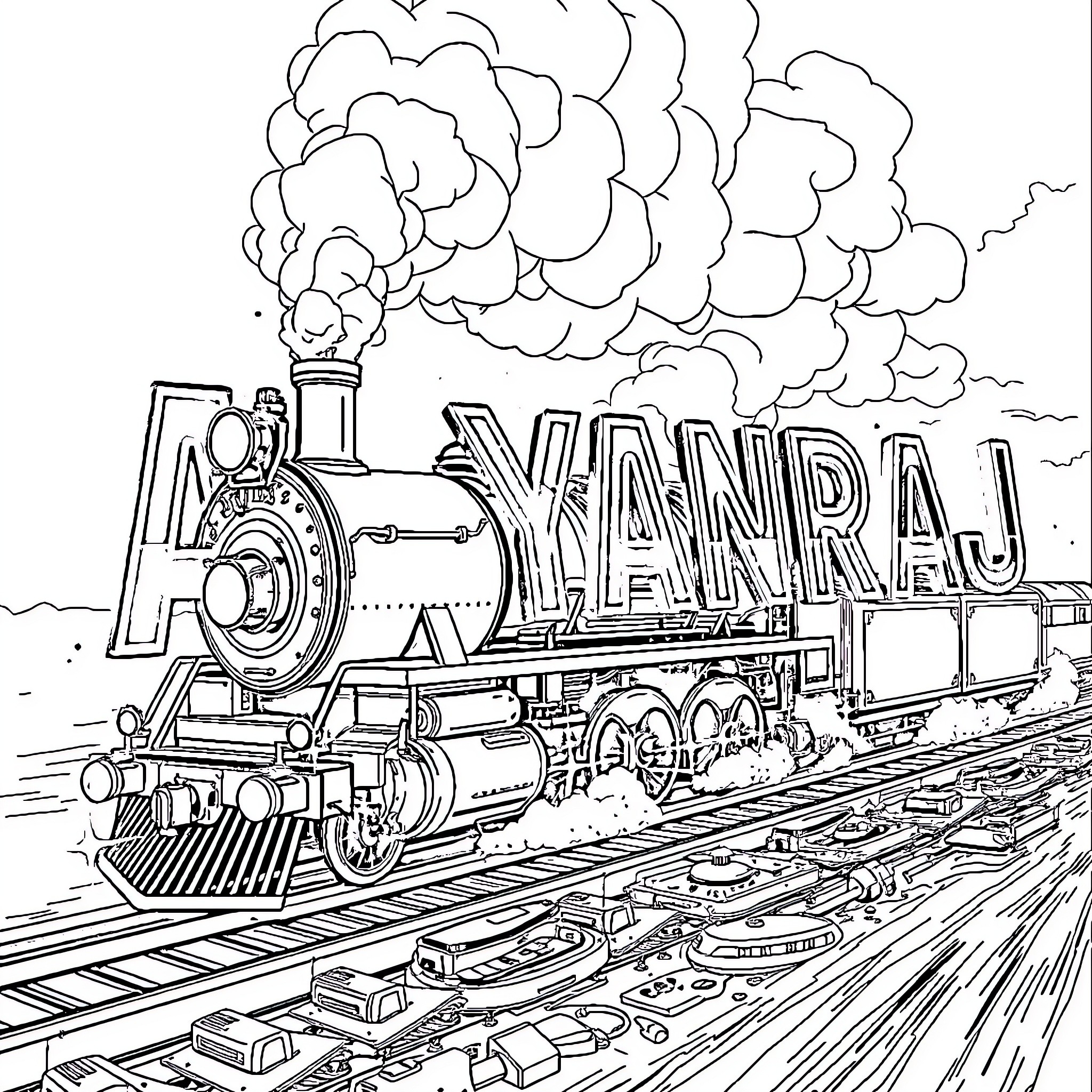 Train speeding through the countryside Coloring Page (free black-and-white line drawing printable PDF for all, from beginners to advanced learners, including children, teens, adults, and seniors)