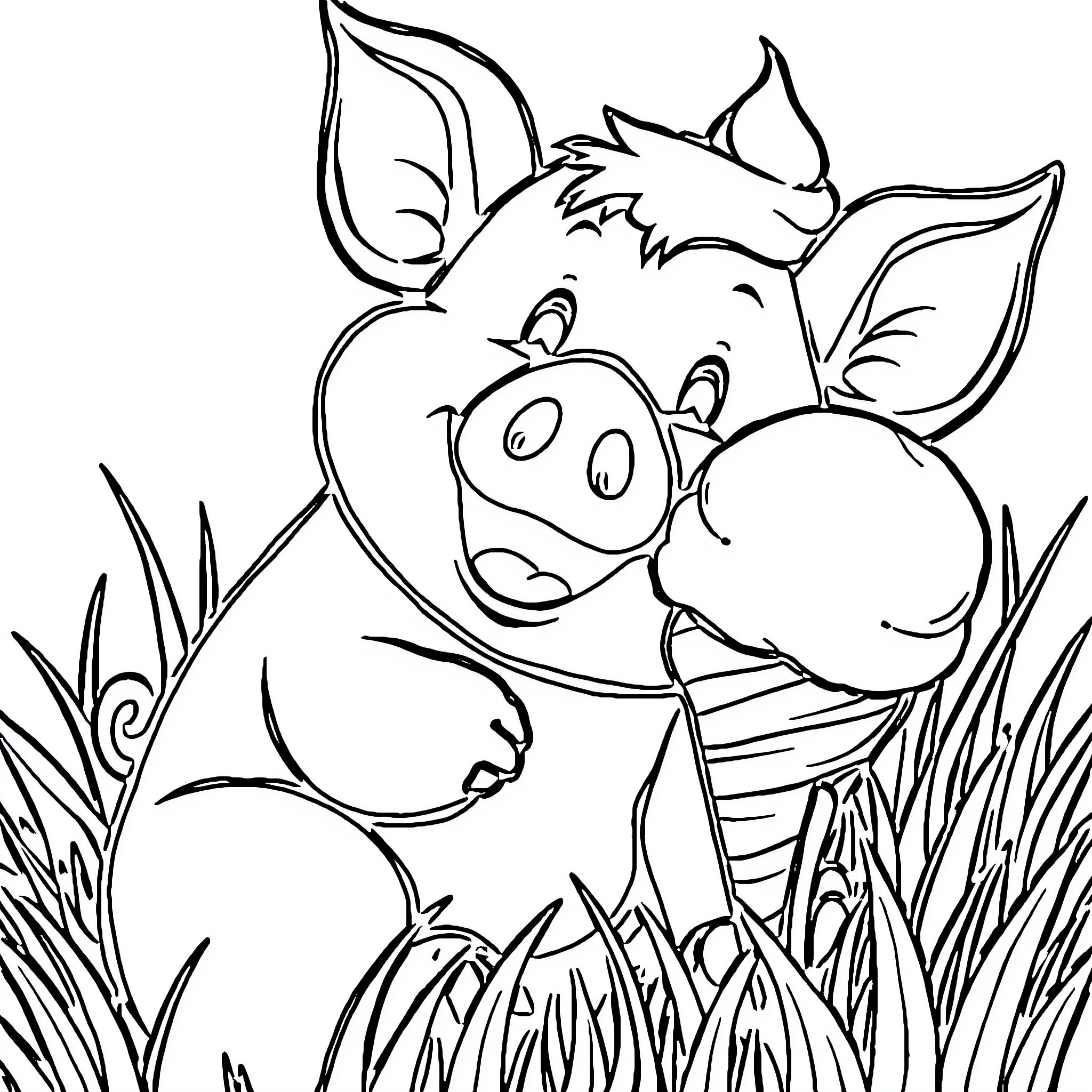 Pig enjoying nature and grass in the field Coloring Page (free black-and-white line drawing printable PDF for all, from beginners to advanced learners, including children, teens, adults, and seniors)