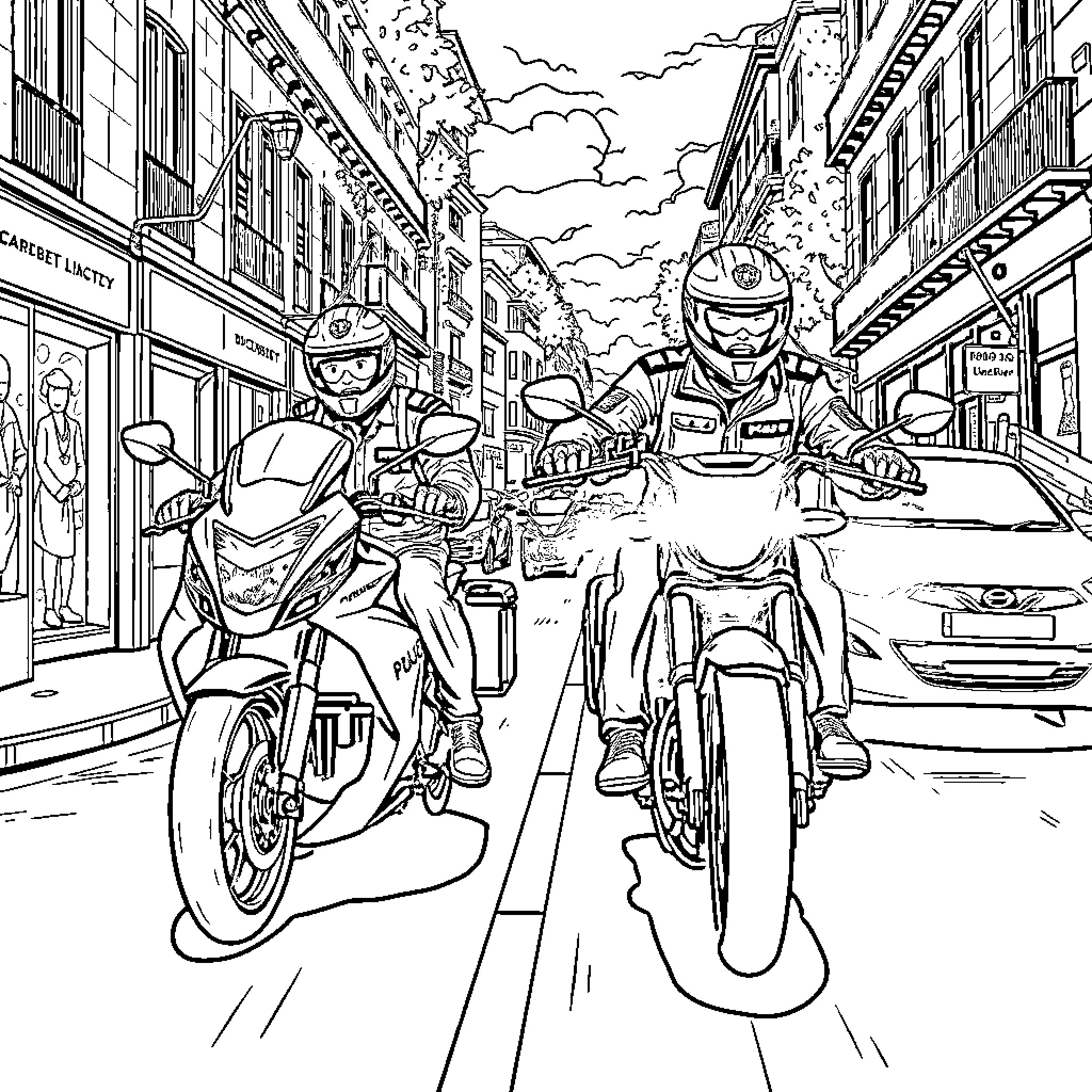 Police Patrol on Motorcycles in City Streets Coloring Page (free black-and-white line drawing printable PDF for all, from beginners to advanced learners, including children, teens, adults, and seniors)