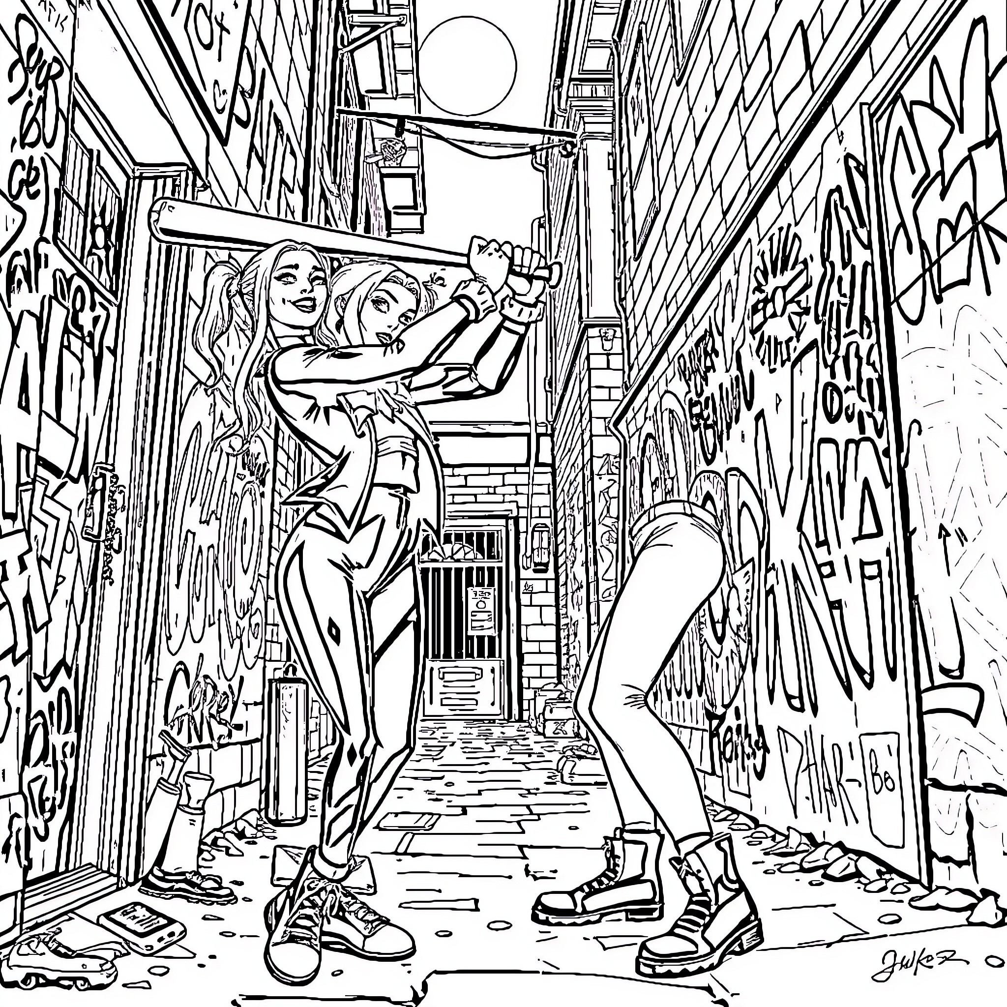 Harley Quinn in an alley, striking a pose Coloring Page (free black-and-white line drawing printable PDF for all, from beginners to advanced learners, including children, teens, adults, and seniors)