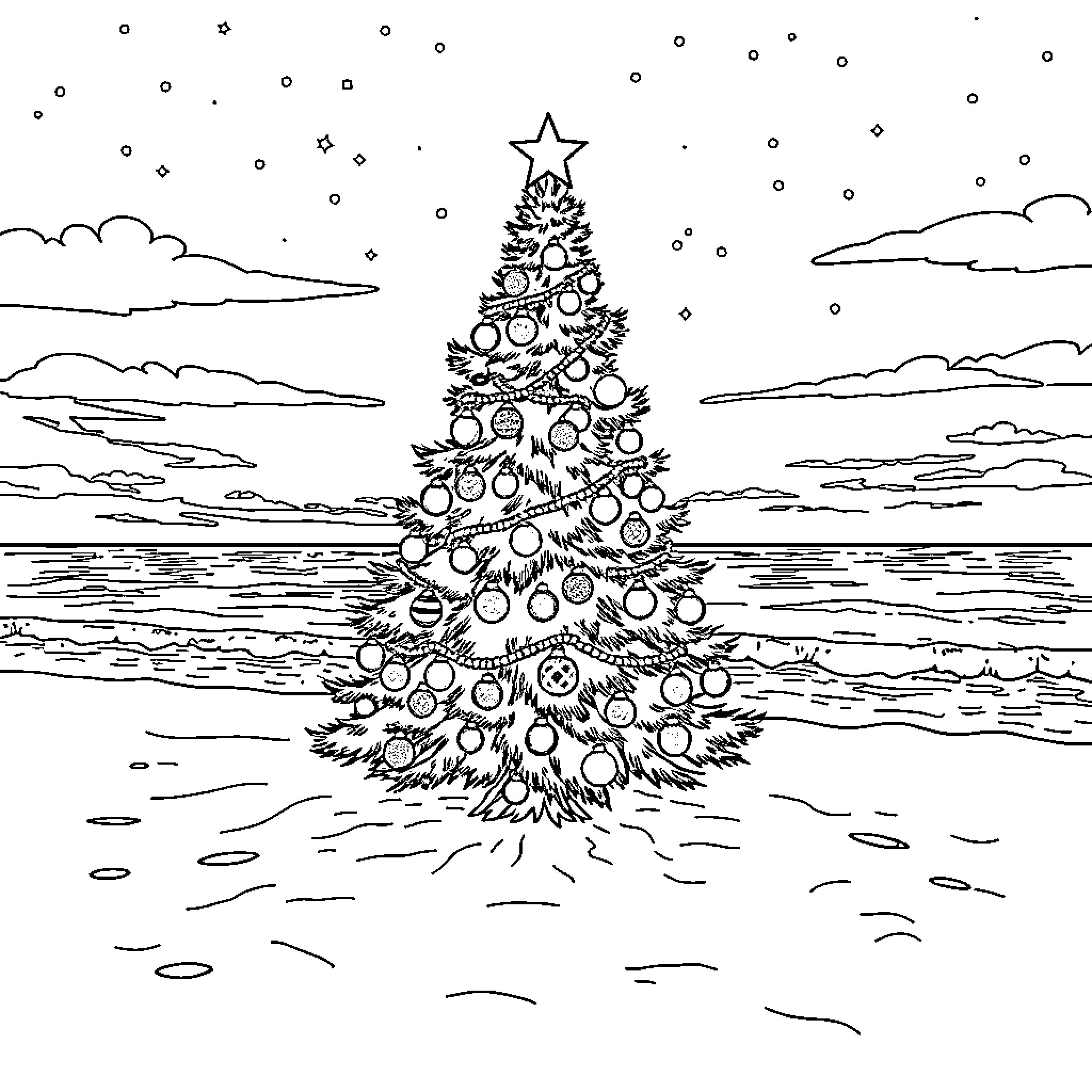 Christmas Tree in Serene Winter Landscape Coloring Page (free black-and-white line drawing printable PDF for all, from beginners to advanced learners, including children, teens, adults, and seniors)