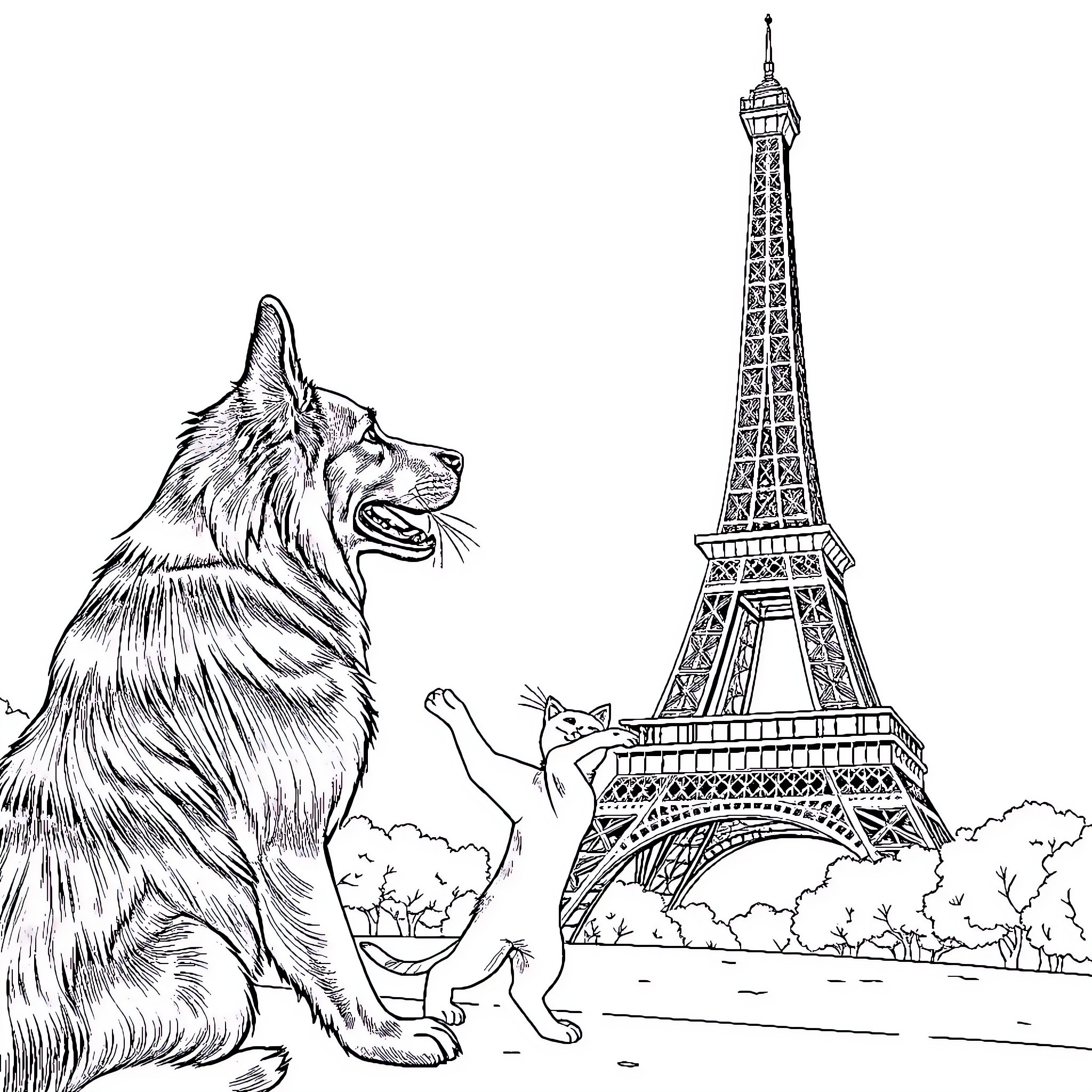 Cat in front of Eiffel Tower in Paris Coloring Page (free black-and-white line drawing printable PDF for all, from beginners to advanced learners, including children, teens, adults, and seniors)