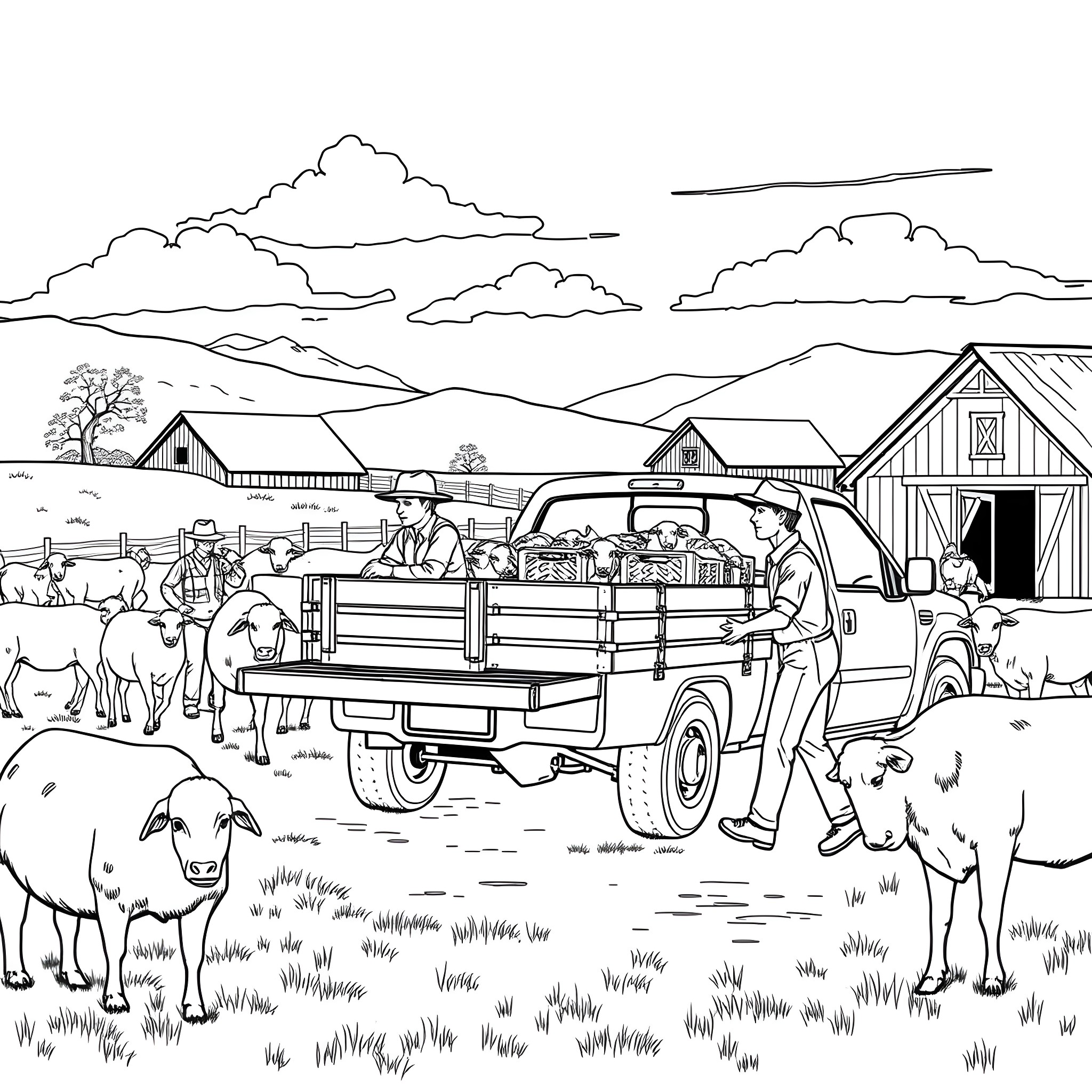 Livestock on a rural farm Coloring Page (free black-and-white line drawing printable PDF for all, from beginners to advanced learners, including children, teens, adults, and seniors)
