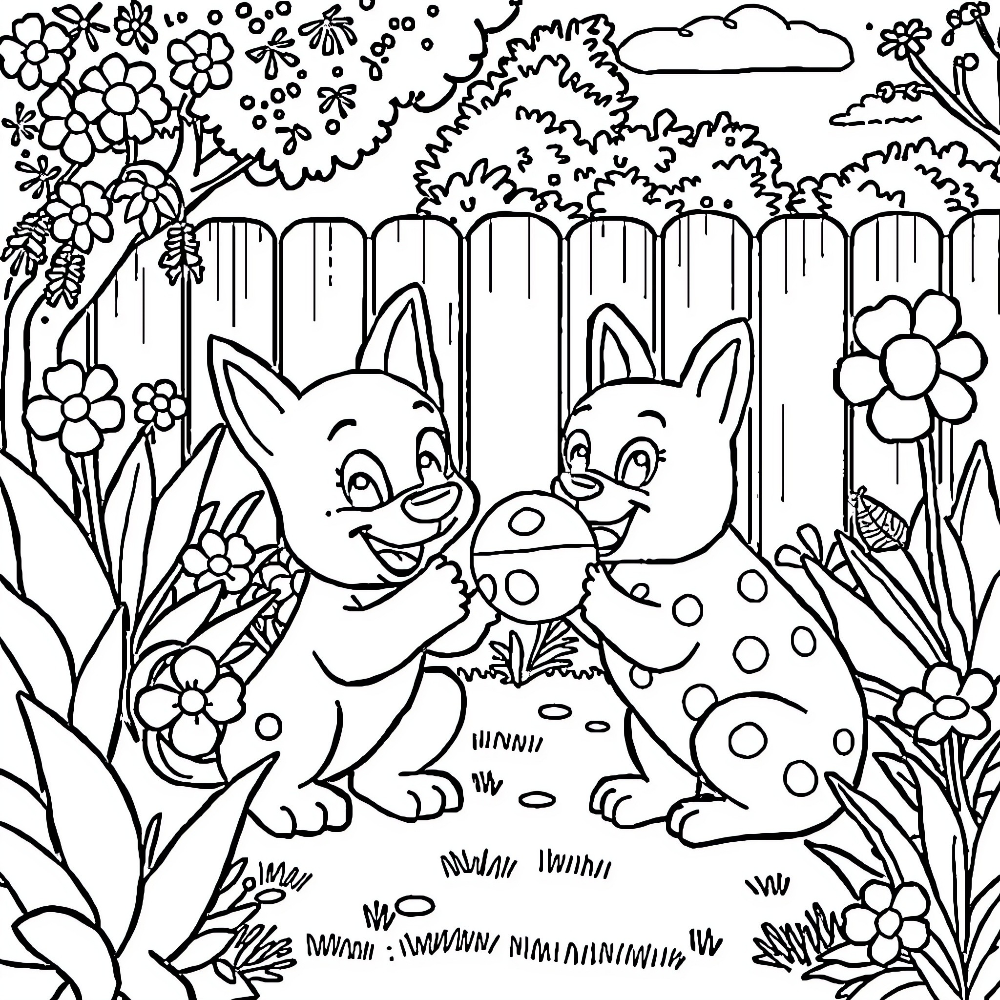 Bluey's Flower-Filled Adventure Coloring Page (free black-and-white line drawing printable PDF for all, from beginners to advanced learners, including children, teens, adults, and seniors)