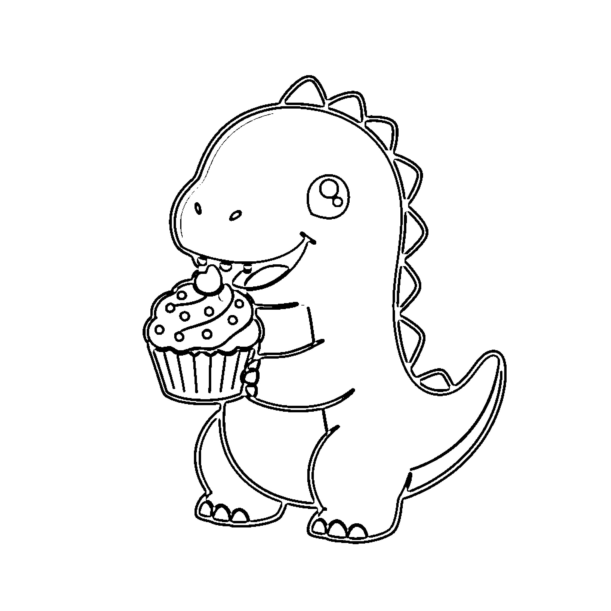 Dinosaur happily holding a cupcake Coloring Page (free black-and-white line drawing printable PDF for all, from beginners to advanced learners, including children, teens, adults, and seniors)