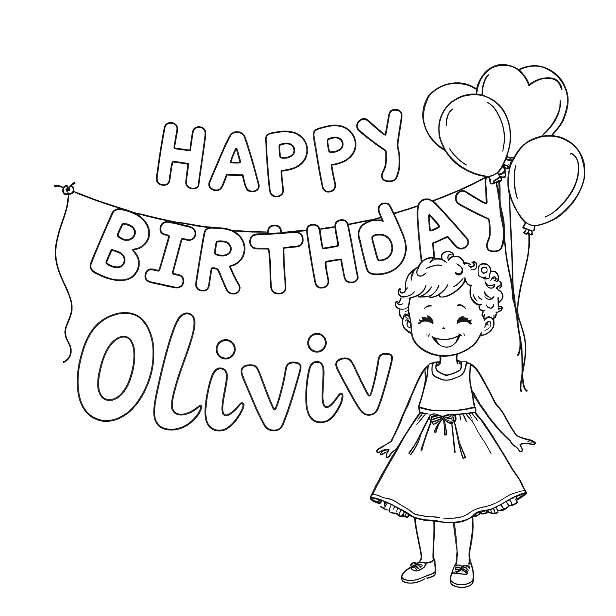 Girl celebrating happy birthday with balloons Coloring Page (free black-and-white line drawing printable PDF for all, from beginners to advanced learners, including children, teens, adults, and seniors)