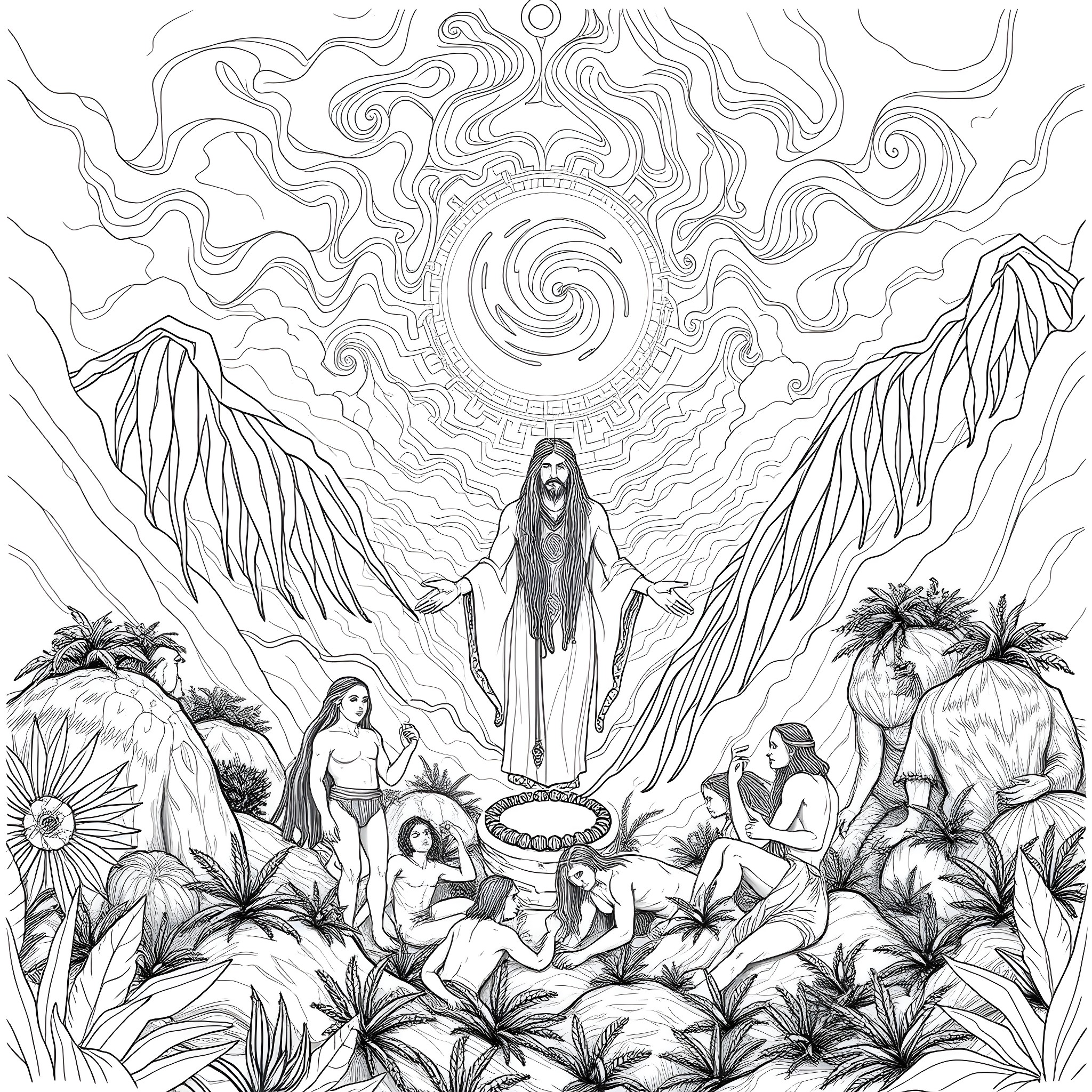 Human figure in a mystical, spiritual landscape Coloring Page (free black-and-white line drawing printable PDF for all, from beginners to advanced learners, including children, teens, adults, and seniors)