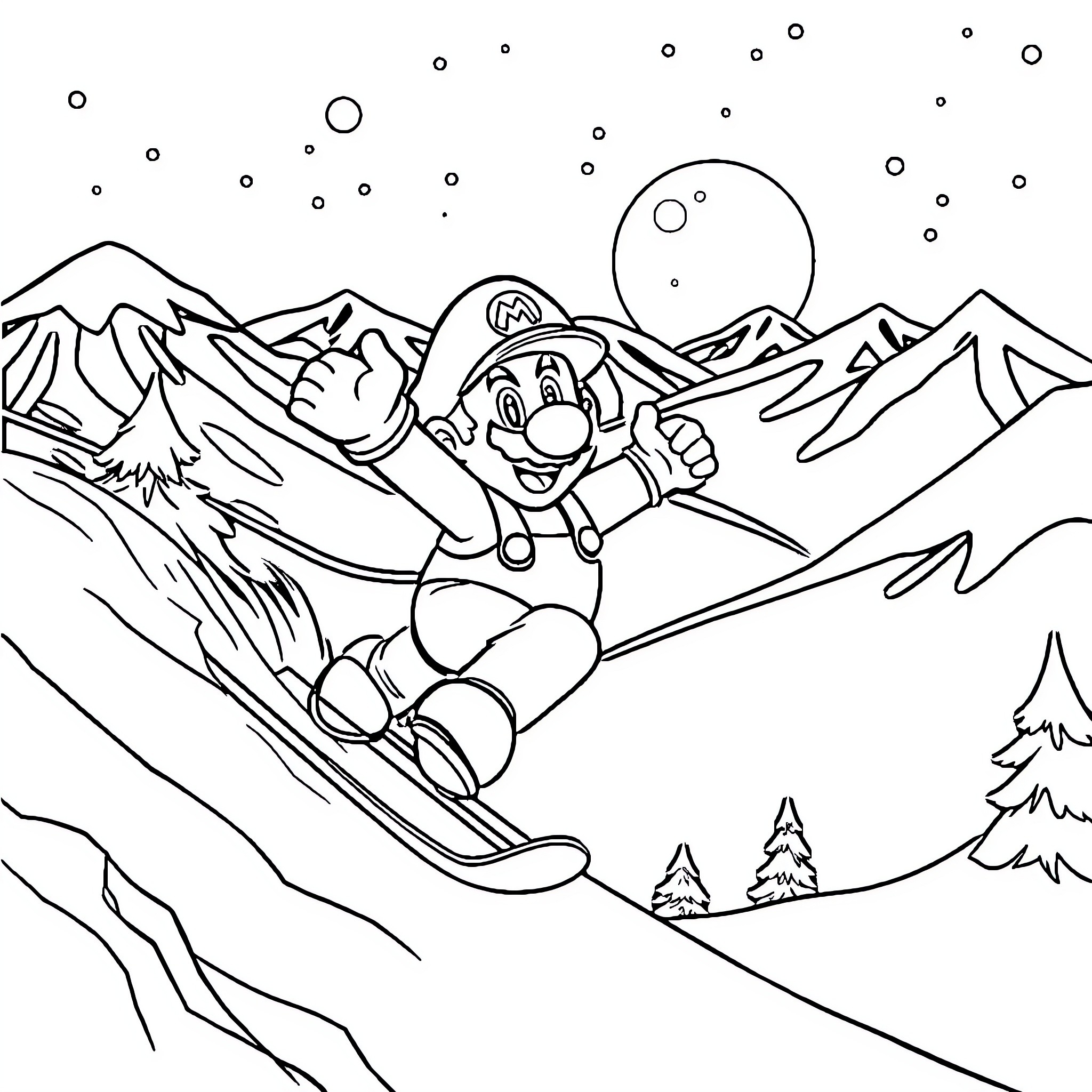 Super Mario Skiing Down the Snowy Mountain Coloring Page (free black-and-white line drawing printable PDF for all, from beginners to advanced learners, including children, teens, adults, and seniors)