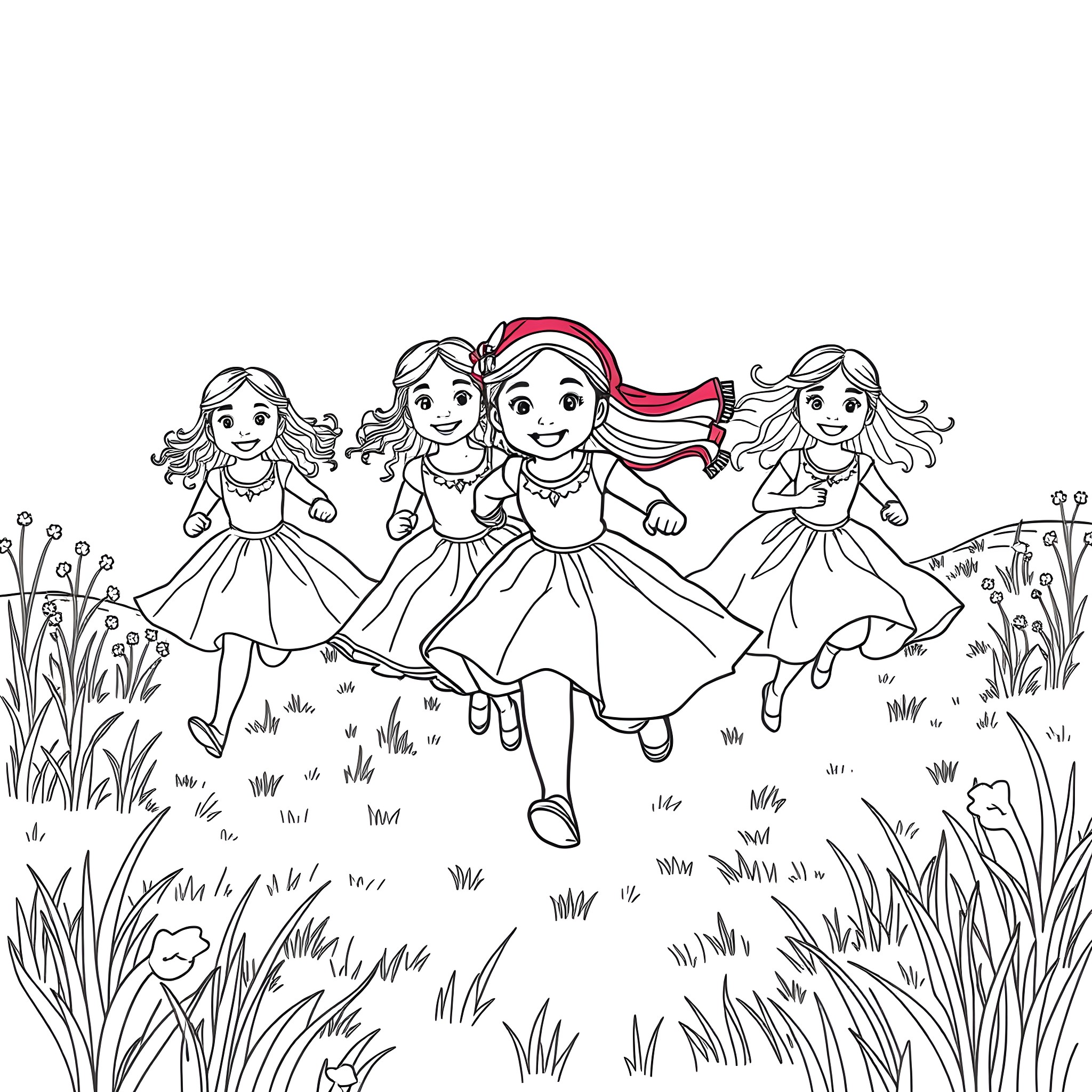 Girls dancing in a garden Coloring Page (free black-and-white line drawing printable PDF for all, from beginners to advanced learners, including children, teens, adults, and seniors)