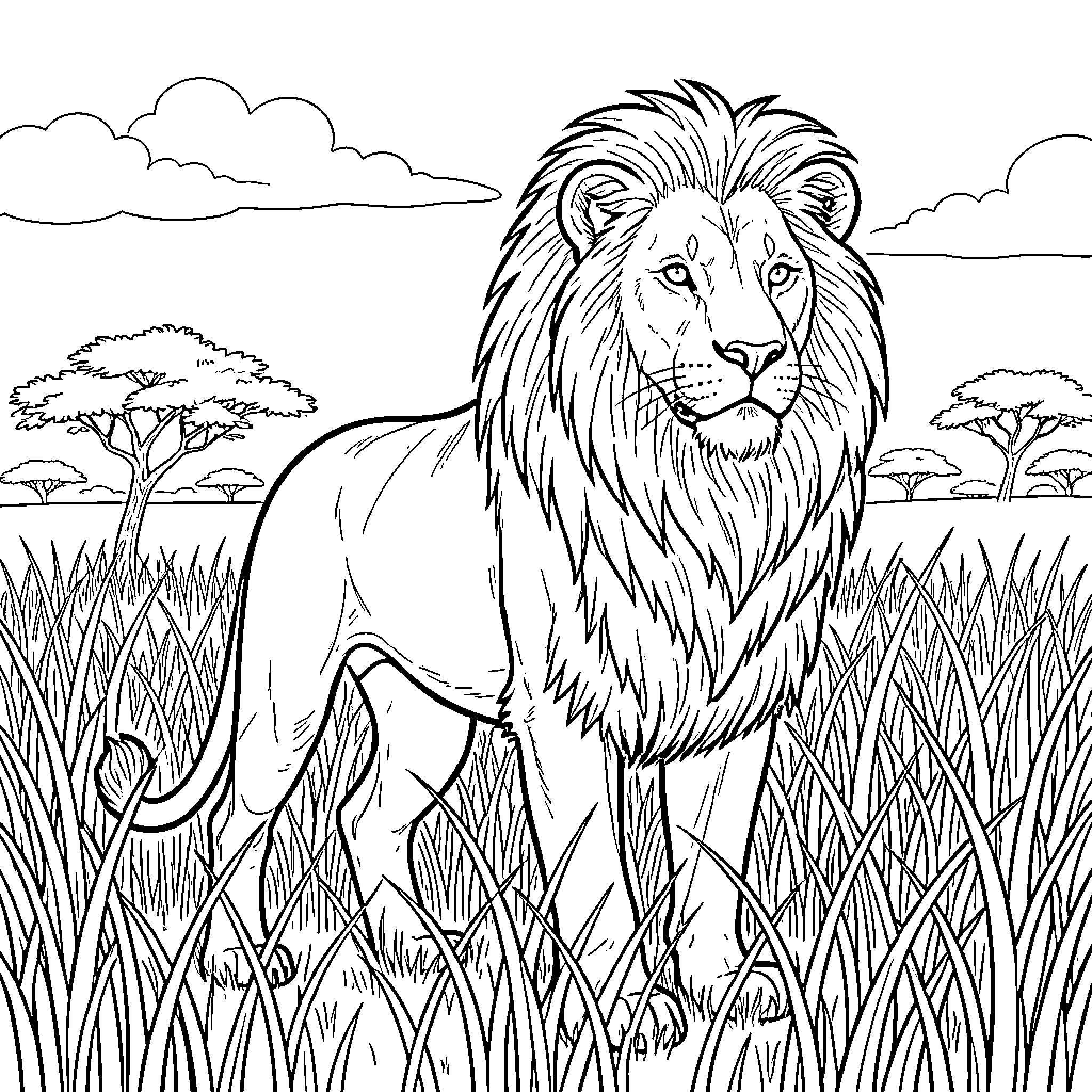 Lion standing majestically in the wild savanna Coloring Page (free black-and-white line drawing printable PDF for all, from beginners to advanced learners, including children, teens, adults, and seniors)
