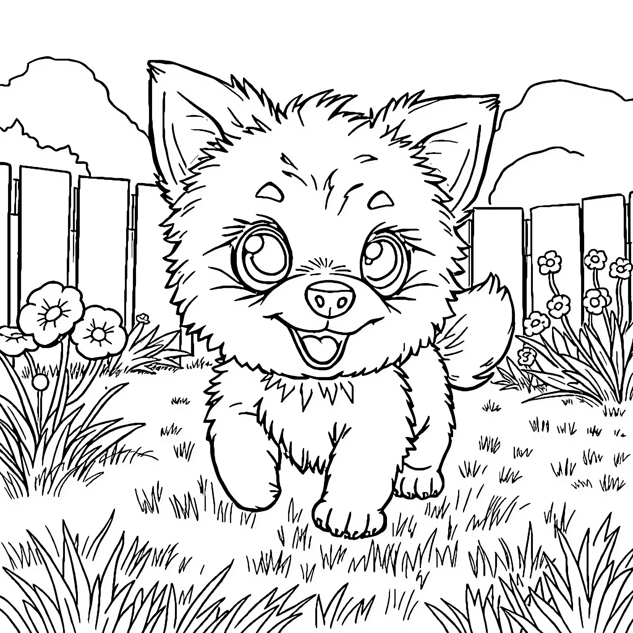 La Bubu's Playful Adventure in the Flowery Meadow Coloring Page (free black-and-white line drawing printable PDF for all, from beginners to advanced learners, including children, teens, adults, and seniors)