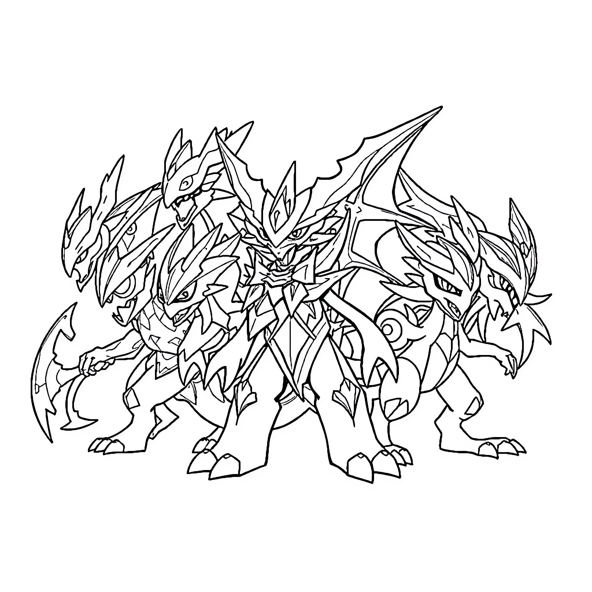 Digimon Fierce Dragon-like Creatures in Battle Coloring Page (free black-and-white line drawing printable PDF for all, from beginners to advanced learners, including children, teens, adults, and seniors)