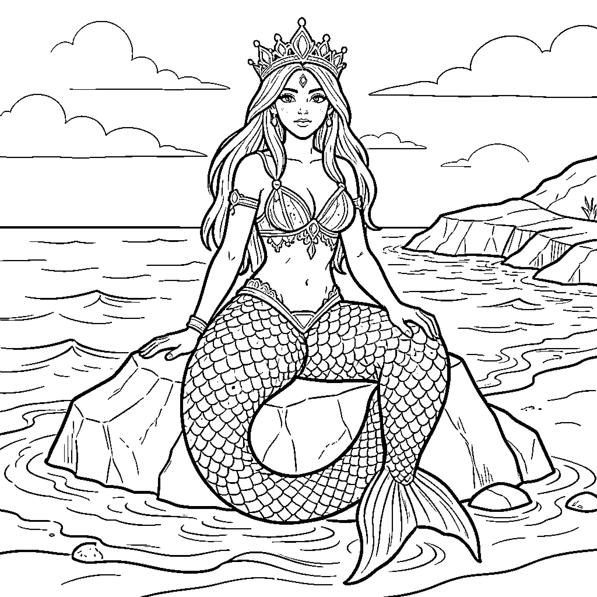 Mermaid queen sitting on the rocks by the sea Coloring Page (free black-and-white line drawing printable PDF for all, from beginners to advanced learners, including children, teens, adults, and seniors)