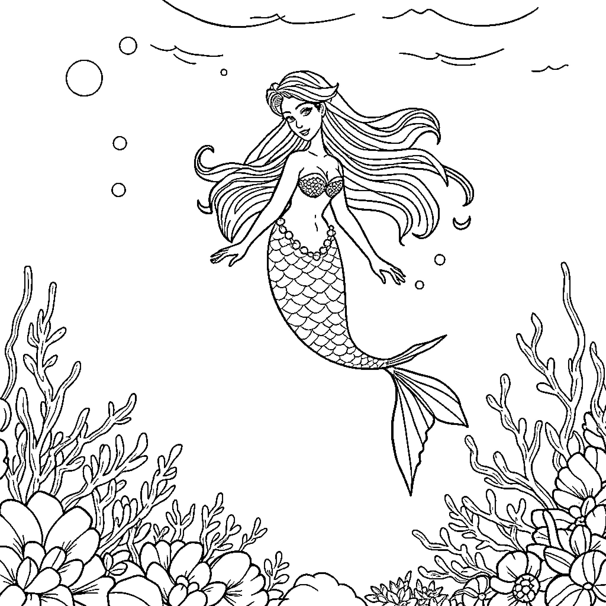 Mermaid swimming gracefully in the underwater world Coloring Page (free black-and-white line drawing printable PDF for all, from beginners to advanced learners, including children, teens, adults, and seniors)