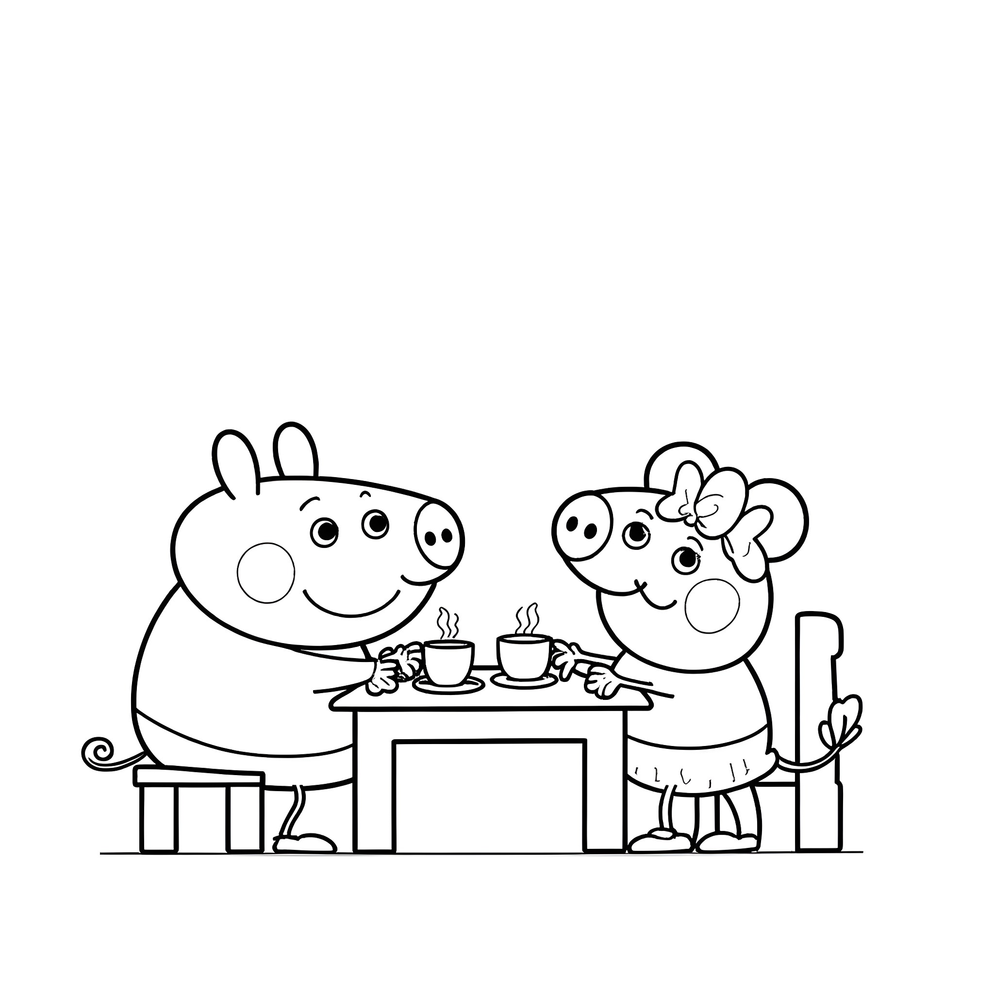Peppa Pig and friend having tea time together Coloring Page (free black-and-white line drawing printable PDF for all, from beginners to advanced learners, including children, teens, adults, and seniors)