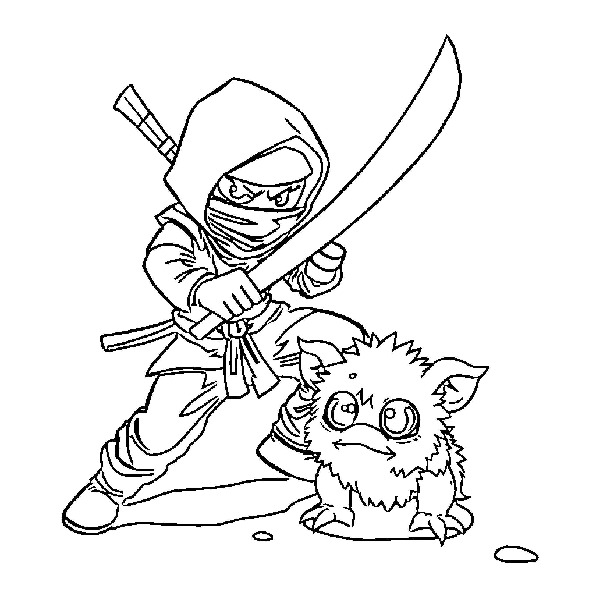 Ninja warrior battles fierce creature Coloring Page (free black-and-white line drawing printable PDF for all, from beginners to advanced learners, including children, teens, adults, and seniors)