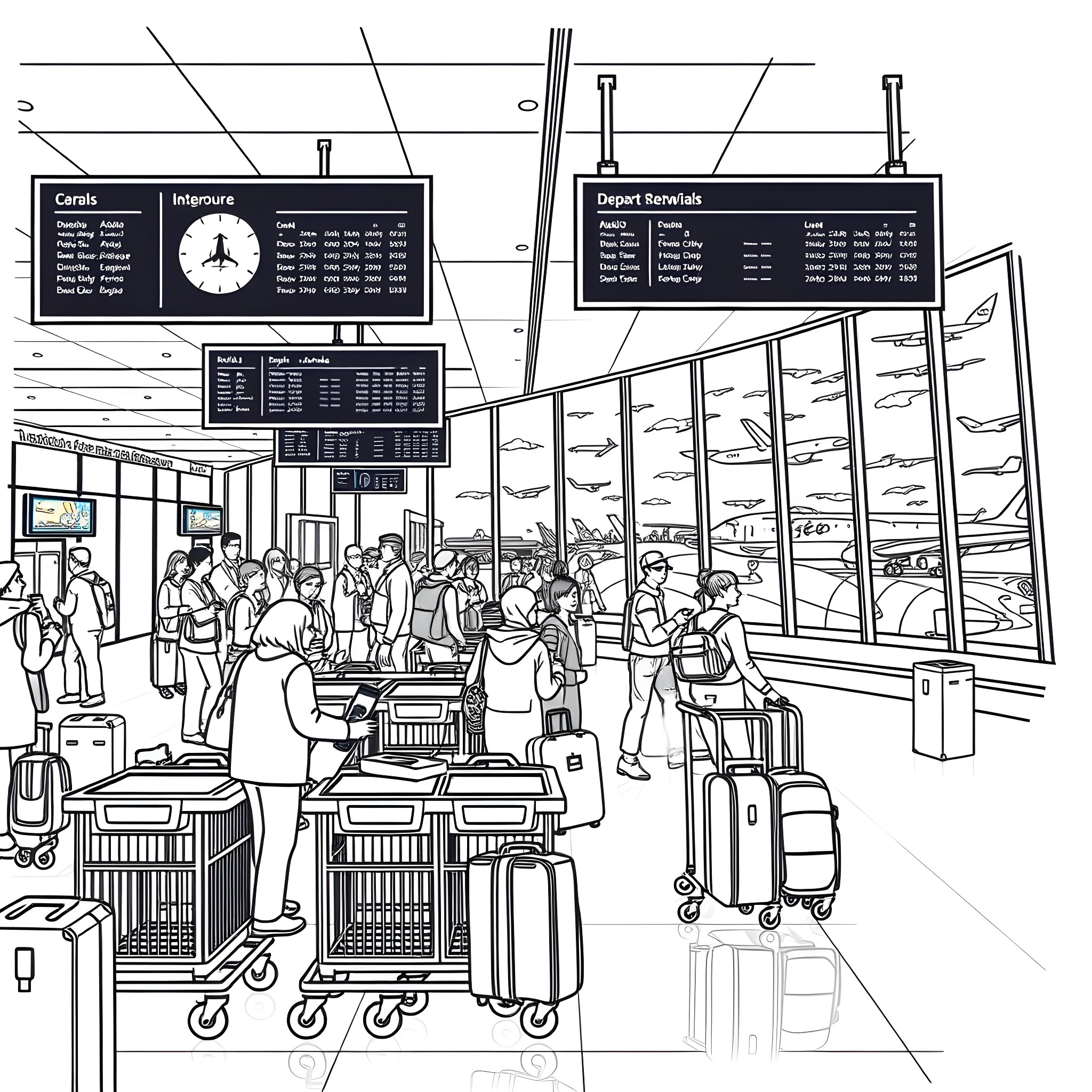 Bluey's Adventure in the Airport Terminal Coloring Page (free black-and-white line drawing printable PDF for all, from beginners to advanced learners, including children, teens, adults, and seniors)