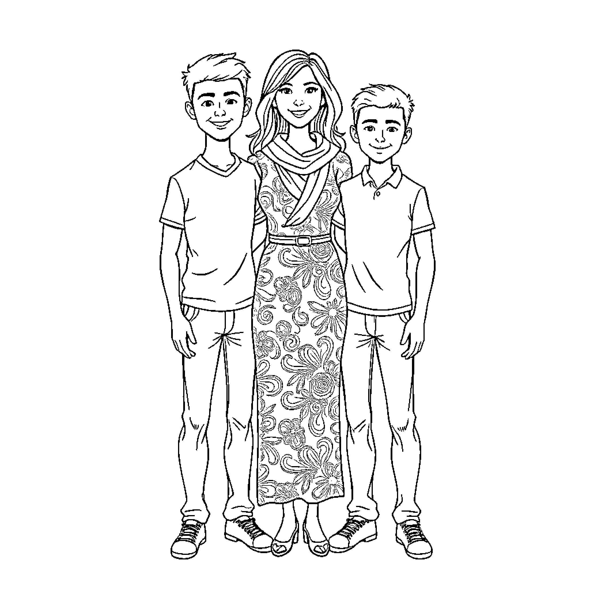 Man, woman, and boy standing together Coloring Page (free black-and-white line drawing printable PDF for all, from beginners to advanced learners, including children, teens, adults, and seniors)