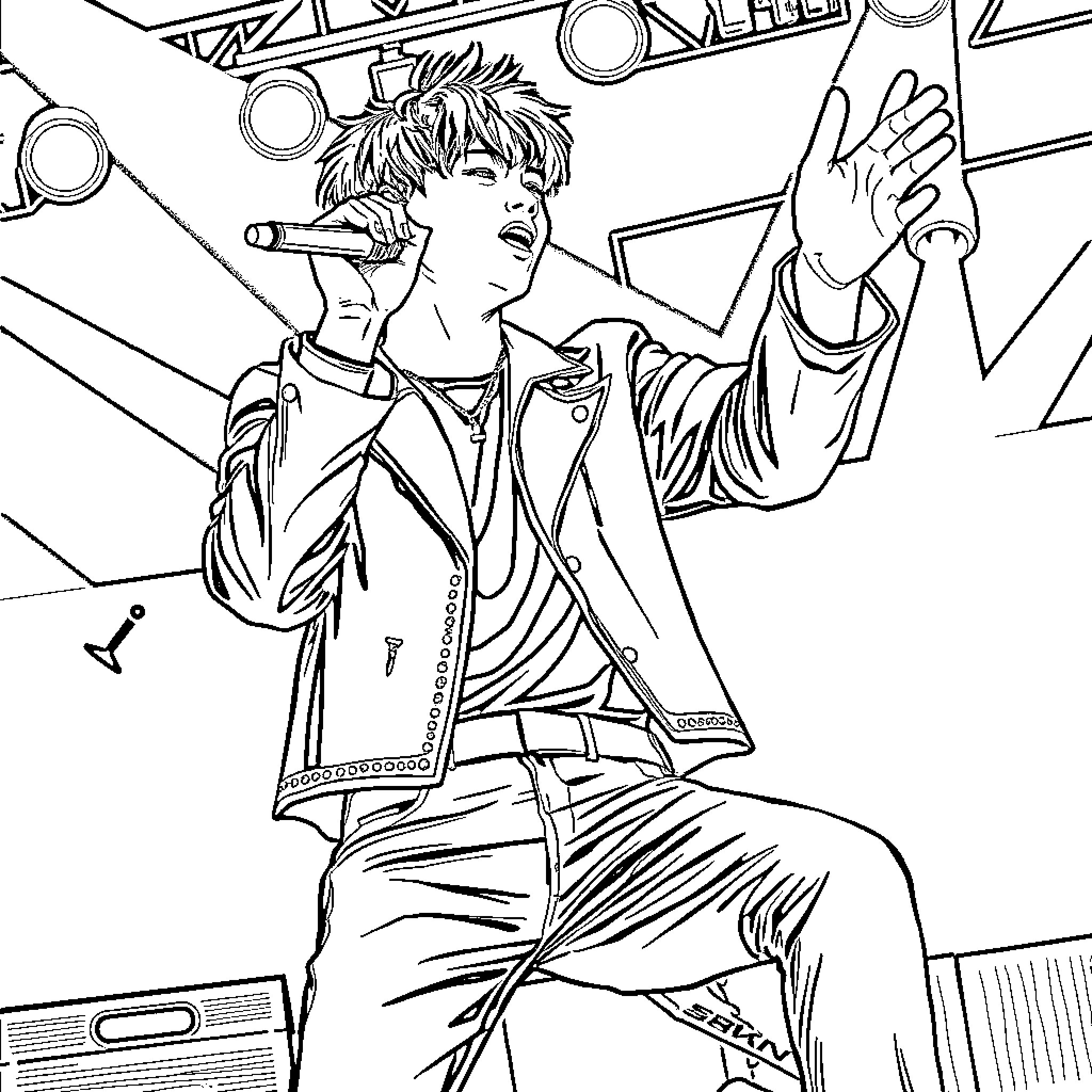 Kpop Singer Performing on Stage with Energy Coloring Page (free black-and-white line drawing printable PDF for all, from beginners to advanced learners, including children, teens, adults, and seniors)