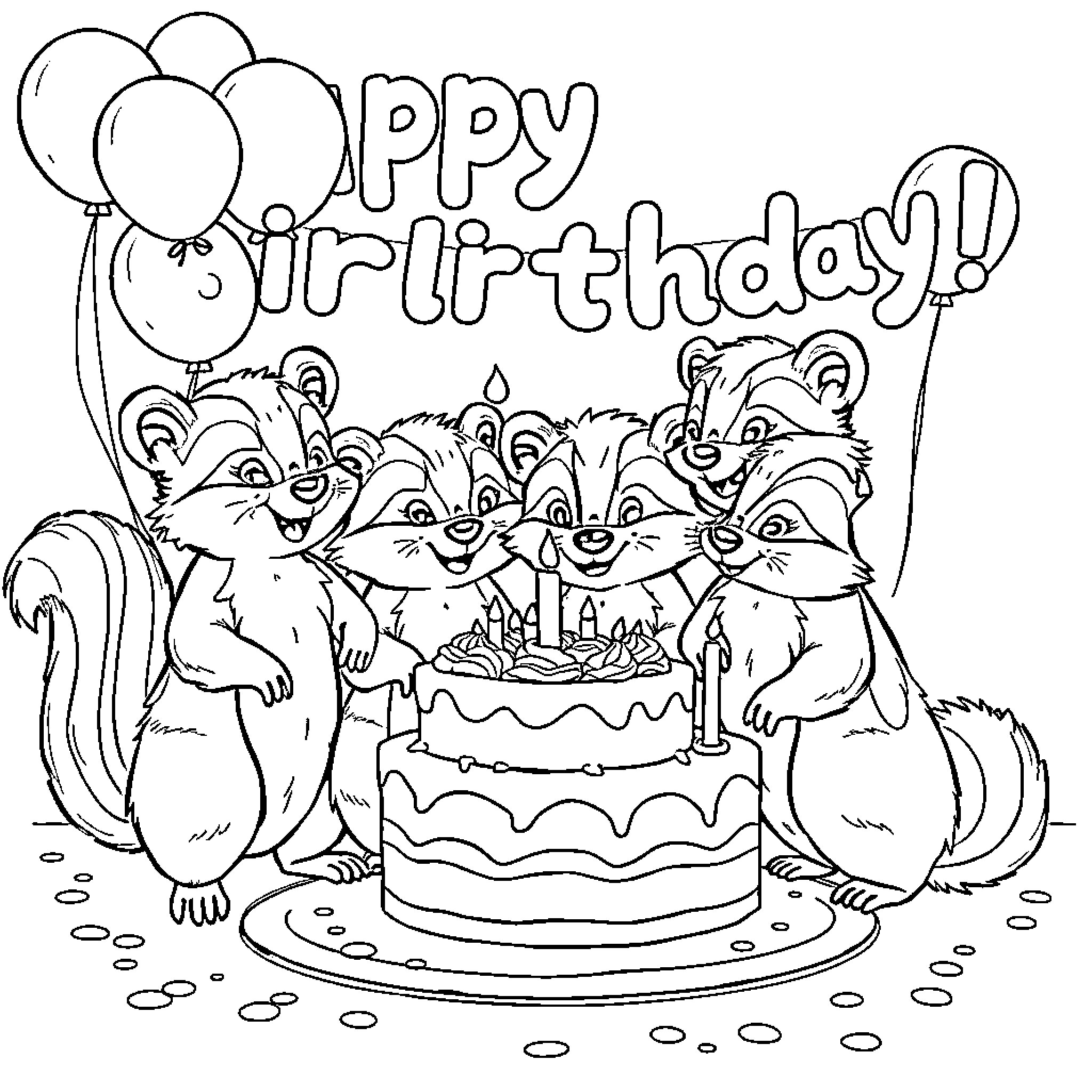 Skunk celebrating birthday with cake and balloons Coloring Page (free black-and-white line drawing printable PDF for all, from beginners to advanced learners, including children, teens, adults, and seniors)