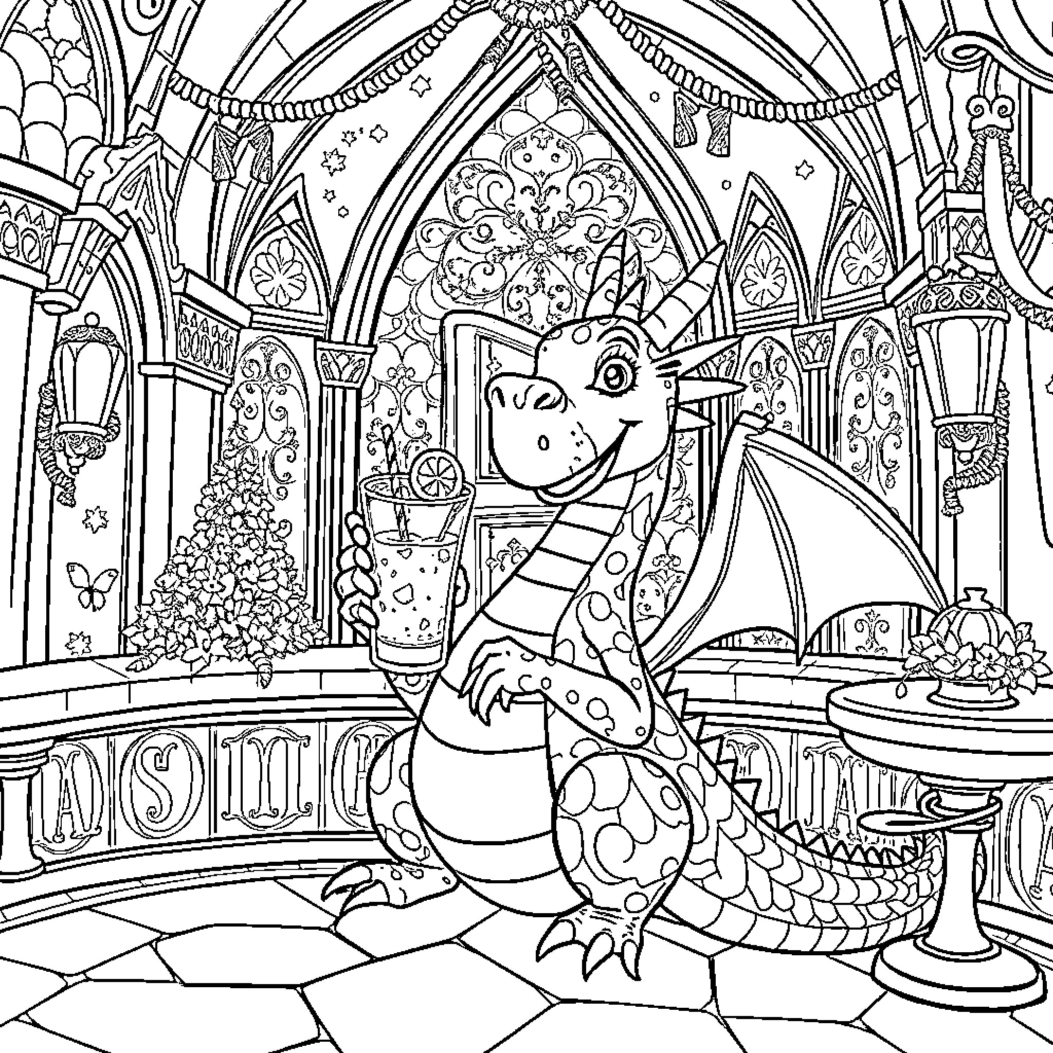 Figment's Enchanting Castle Adventure Coloring Page (free black-and-white line drawing printable PDF for all, from beginners to advanced learners, including children, teens, adults, and seniors)