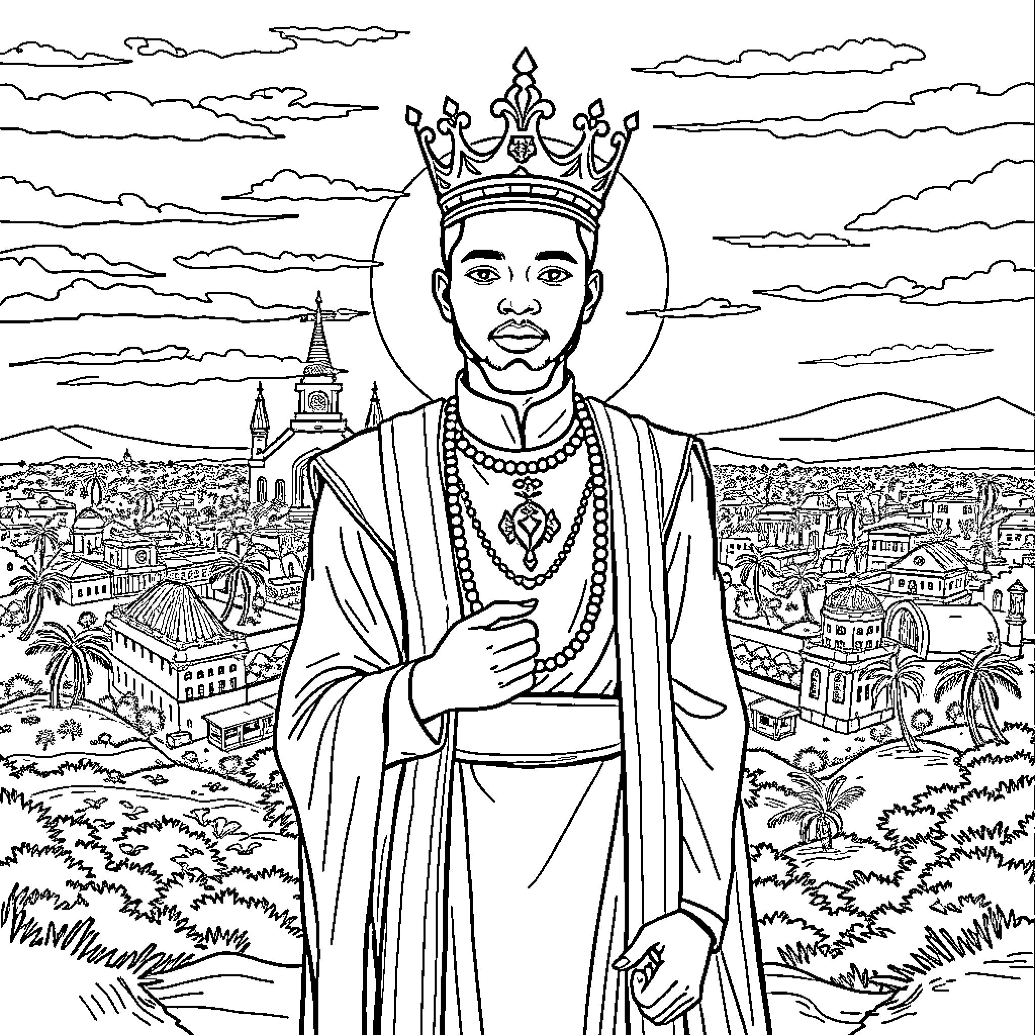 King overlooking his prosperous kingdom Coloring Page (free black-and-white line drawing printable PDF for all, from beginners to advanced learners, including children, teens, adults, and seniors)