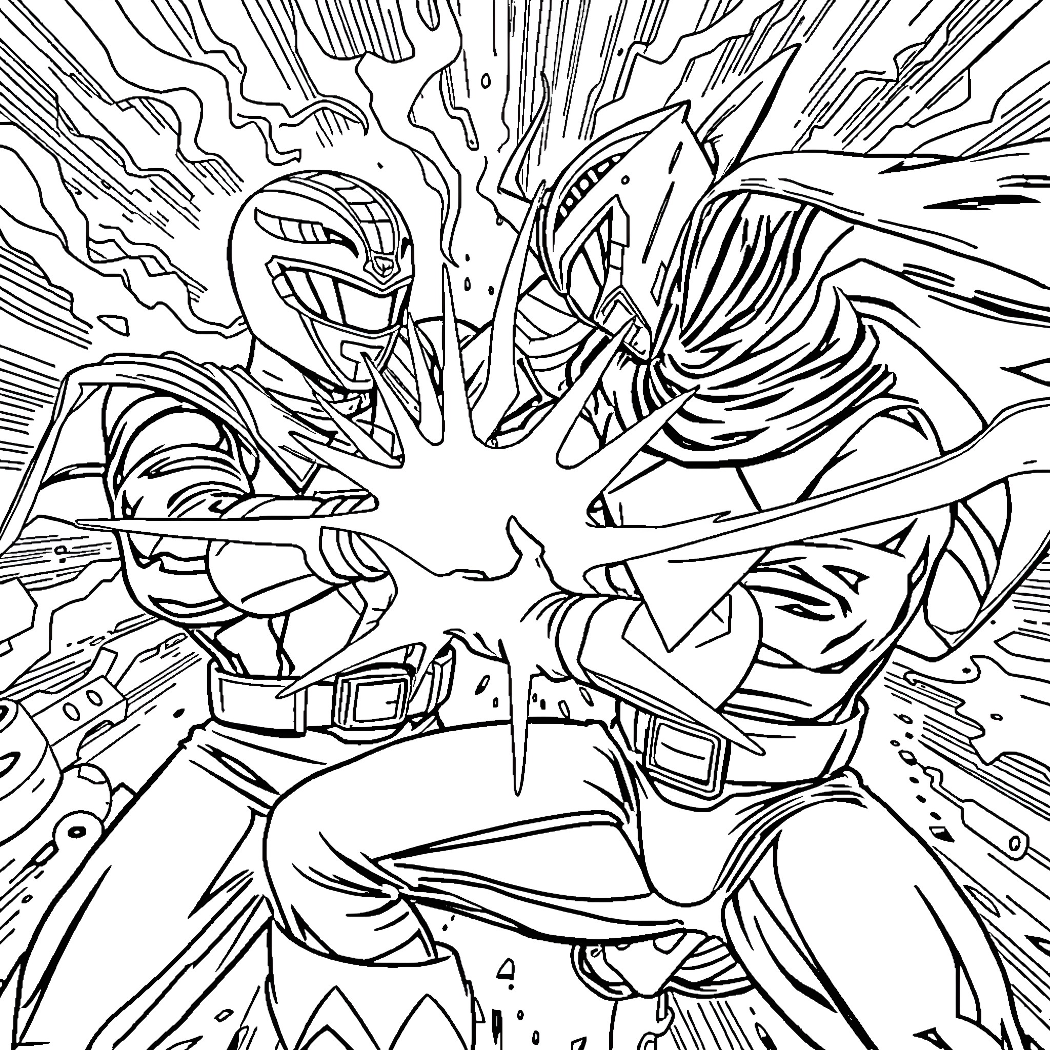 Power Ranger heroes in intense battle Coloring Page (free black-and-white line drawing printable PDF for all, from beginners to advanced learners, including children, teens, adults, and seniors)