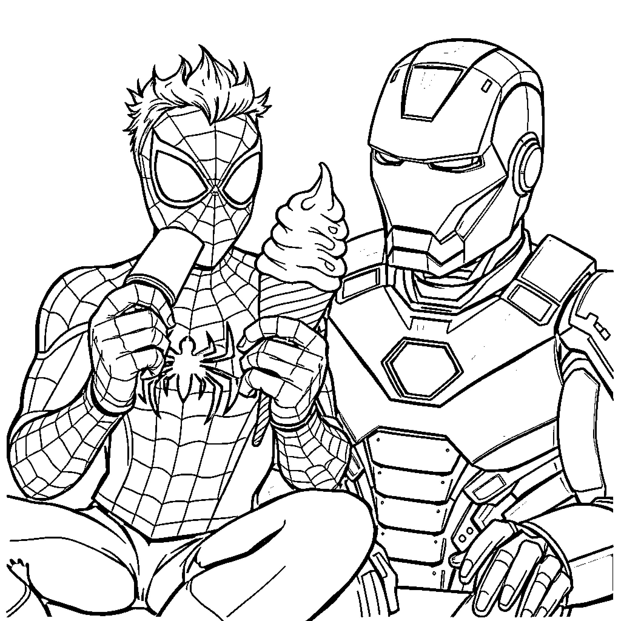 Spiderman and Iron Man sharing ice cream together Coloring Page (free black-and-white line drawing printable PDF for all, from beginners to advanced learners, including children, teens, adults, and seniors)
